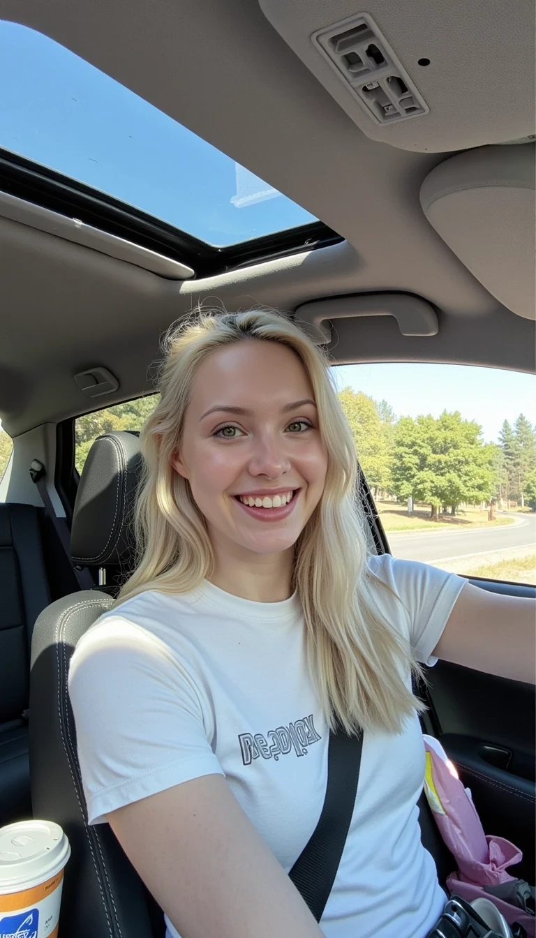 boring low quality snapchat photo circa 2015, A young woman with a warm smile, sitting in the driver's seat of a cozy car. She has soft, wavy blonde hair cascading past her shoulders. The sunlight streams through the window, casting a gentle glow on her face. The interior of the car is neat and comfortable, with a coffee cup in the cup holder and a small plant on the dashboard. The background outside the window shows a scenic road lined with trees and blue skies CSTMDL