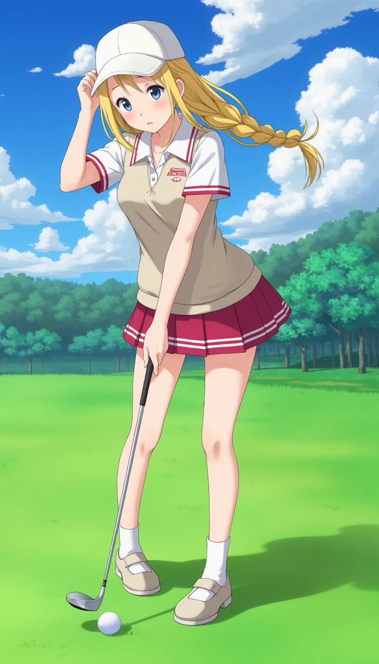Anime attraction blonde girl in her twenties playing golf 