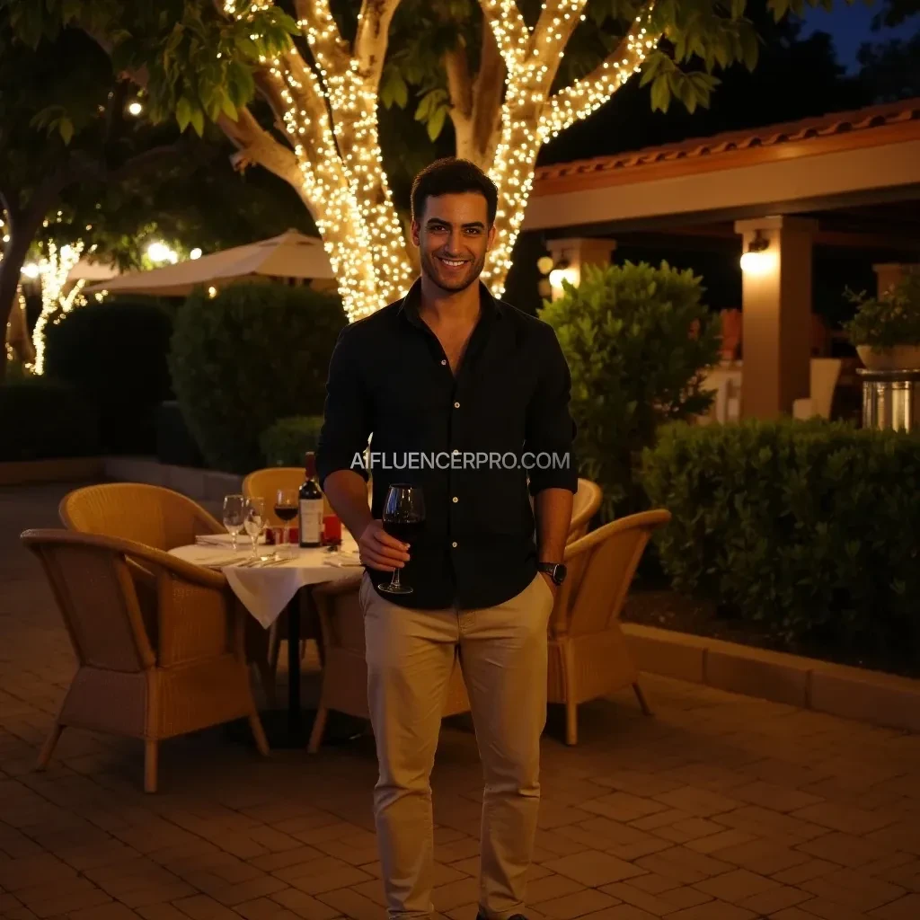 Create a full-body shot of a man standing outdoors at a cozy, warmly lit patio in the evening, exuding confidence and charm—perfect for a Tinder profile photo. The man has a fit, athletic build, short well-groomed dark brown hair, light stubble, and light skin. He is smiling subtly, making direct eye contact with the camera, conveying a mix of approachability and mystery.

He wears a stylish, well-fitted dark navy button-up shirt with the sleeves casually rolled up, paired with slim-fit beige chinos and polished brown leather shoes, giving off a relaxed yet sophisticated vibe. He holds a glass of red wine in his right hand, appearing effortlessly charismatic. His posture is confident yet natural, standing slightly angled with one hand casually tucked into his pocket.

The background features a large tree wrapped in glowing string lights, casting a warm, inviting glow. The setting is an outdoor private seating area with elegant rattan chairs, terracotta-tiled roofing, and lush greenery, evoking a refined yet laid-back atmosphere. The composition is carefully balanced, with the man framed against the softly glowing tree, ensuring he remains the focal point while the background enhances the romantic and social ambiance.

The lighting is warm and flattering, highlighting his facial features and outfit details while creating an intimate, relaxed mood. The textures of his clothing, skin, and the surrounding environment are clearly visible, making the image feel rich and high-quality. The overall effect is a charming, attractive, and authentic photo that would stand out on Tinder, portraying someone who is confident, well-dressed, and enjoys great moments in a stylish, inviting setting.