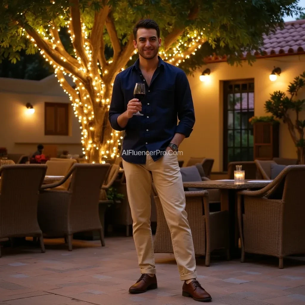 Create a full-body shot of a man standing outdoors at a cozy, warmly lit patio in the evening, exuding confidence and charm—perfect for a Tinder profile photo. The man has a fit, athletic build, short well-groomed dark brown hair, light stubble, and light skin. He is smiling subtly, making direct eye contact with the camera, conveying a mix of approachability and mystery.

He wears a stylish, well-fitted dark navy button-up shirt with the sleeves casually rolled up, paired with slim-fit beige chinos and polished brown leather shoes, giving off a relaxed yet sophisticated vibe. He holds a glass of red wine in his right hand, appearing effortlessly charismatic. His posture is confident yet natural, standing slightly angled with one hand casually tucked into his pocket.

The background features a large tree wrapped in glowing string lights, casting a warm, inviting glow. The setting is an outdoor private seating area with elegant rattan chairs, terracotta-tiled roofing, and lush greenery, evoking a refined yet laid-back atmosphere. The composition is carefully balanced, with the man framed against the softly glowing tree, ensuring he remains the focal point while the background enhances the romantic and social ambiance.

The lighting is warm and flattering, highlighting his facial features and outfit details while creating an intimate, relaxed mood. The textures of his clothing, skin, and the surrounding environment are clearly visible, making the image feel rich and high-quality. The overall effect is a charming, attractive, and authentic photo that would stand out on Tinder, portraying someone who is confident, well-dressed, and enjoys great moments in a stylish, inviting setting.