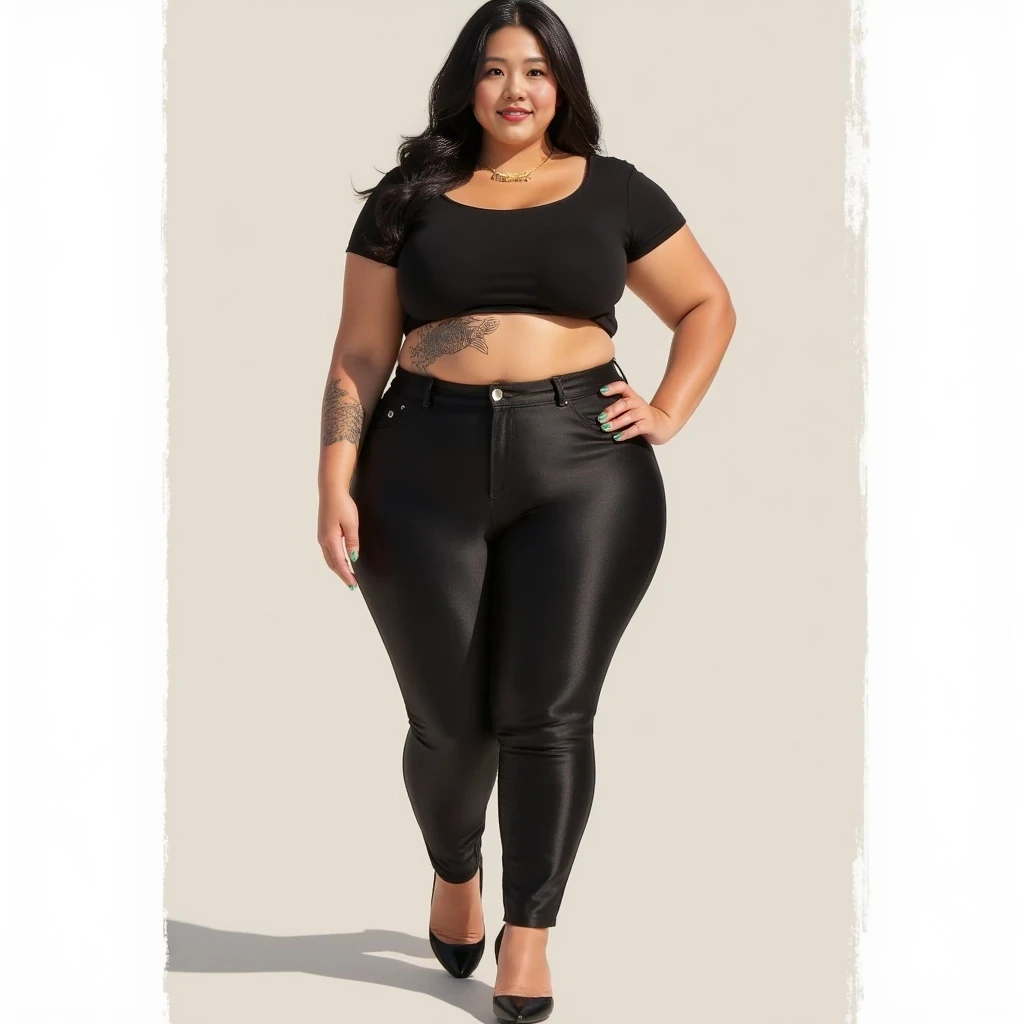 Ella Kim has a curvy, full-figured build with a confident and unapologetic presence. She stands around 5'5" (165 cm) tall and carries her weight primarily in her hips, thighs, and bust, creating a classic hourglass silhouette. Her body is soft yet visibly strong—she lifts weights regularly, giving her toned arms and defined calves, but she proudly embraces her natural fullness.

Her skin tone is porcelain with cool undertones, matching her facial complexion, and has a smooth, luminous texture with soft, realistic skin folds, especially around the waist and thighs. She has broad shoulders, a full bust (approximately a D-cup), a naturally cinched waist, and wide, sculpted hips. Her stomach is soft with a slight lower belly curve, adding realism and body-positive dimension. She has stretch marks on her hips and upper thighs—subtle but visible, embraced as part of her story.

Her legs are thick and muscular, with full thighs and slightly tapered calves. Her arms are rounded and strong, with visible triceps and soft skin. She walks with confident posture—shoulders back, chest lifted, exuding bold femininity.

Ella is fashion-forward and bold in her style. She often wears form-fitting crop tops, high-waisted trousers, or asymmetrical dresses that accentuate her waist and curves. She doesn’t shy away from showing skin—she’s known for wearing backless tops, deep necklines, or cut-out dresses in tasteful but daring ways. Her fashion embraces both Korean streetwear and bold Western influences, always balancing edginess and elegance.

She has a tattoo of a koi fish in fine line art wrapping around her upper left thigh, and a small moon symbol behind her right ear. Her nails are often long, almond-shaped, and painted with bold gel colors—emerald green, glossy black, or chrome silver.