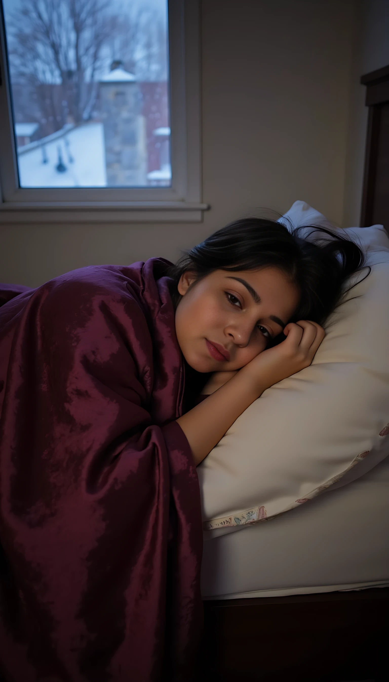 iphone portrait of CSTMDL woman, sleeping under blanket. Cosy room aith dim light. Window. Outside window heavy snowfall.  She is wering satin nighty. 