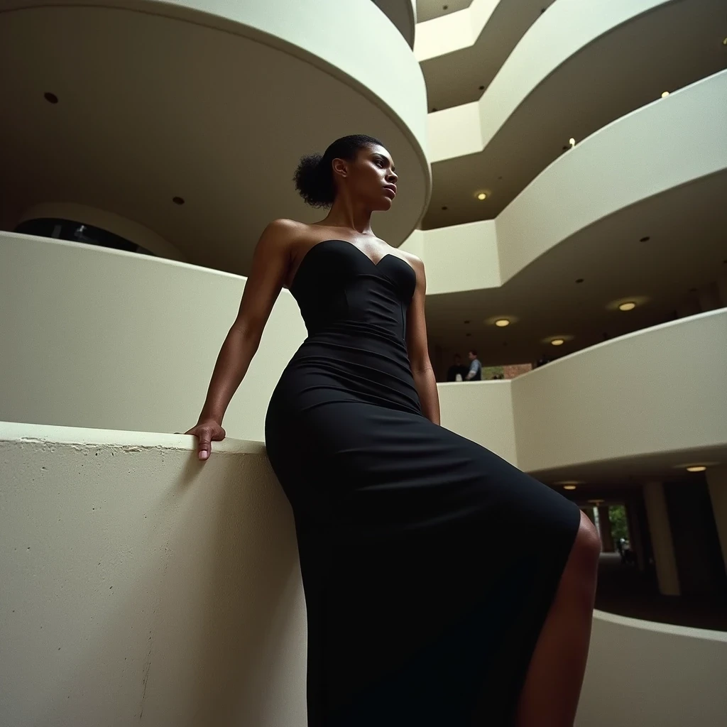 Architectural Fashion
Shot on Canon R3, 70-200mm f/2.8, ISO 100, 1/200 sec. close up shot of commanding model with light olive brown skin in Alexander McQueen structured dress. 5'11", size 2, legs elongated by stilettos. Skin retains natural texture while appearing flawless: microscopic peach fuzz on face catching rim light, subtle glow from luxury skincare. Main light: Profoto B10X through 4x6 softbox at f/11. Location: Guggenheim spiral, dramatic shadows from architectural elements. Pose references iconic Peter Lindbergh compositions. CSTMDL