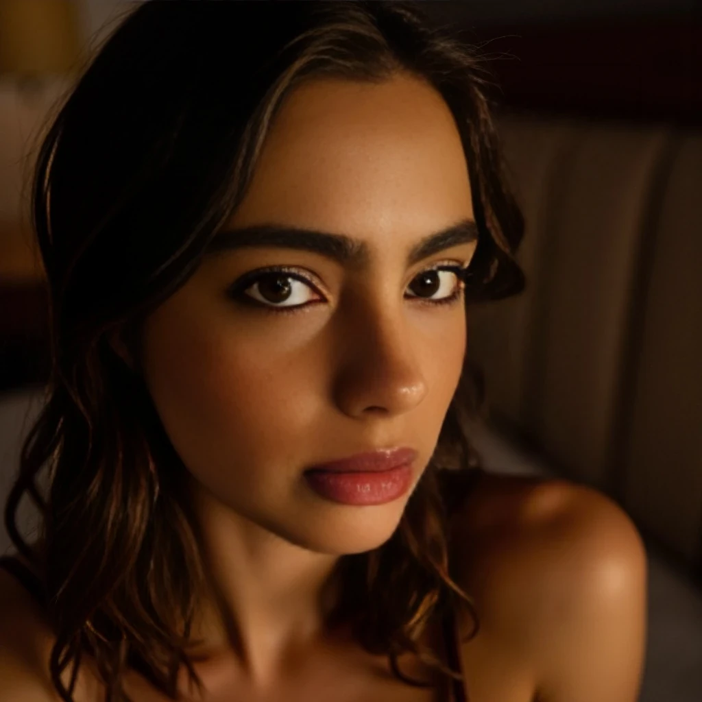 [Scene: A dimly lit, luxurious bedroom. Soft, warm lighting casts a flattering glow on the environment. The camera slowly pans across the room, revealing elegant decor and a large, plush bed with silk sheets. The focus then shifts to a mirror, where the reflection of a stunning woman begins to come into view.]**

**[Narrator Voiceover: "Welcome to my world, where every curve and contour tells a story of perfection. Let me introduce you to the ultimate algorithm of my unique visage and form."]**

**[The camera cuts to a close-up of her face. Her captivating, multi-tonal light amber or true hazel iris eyes sparkle with intensity. She wears vibrant green contact lenses, enhancing her already mesmerizing gaze. Her flawless, warm light-olive complexion glows under the soft lighting, highlighting her perfectly symmetrical oval face shape.]**

**[Narrator Voiceover: "My eyes, my windows to the soul, are a tapestry of intricate radial patterns, surrounded by a sharply defined, dark limbal ring that creates exceptional contrast and depth."]**

**[The camera zooms out slightly, capturing her feline almond-shaped eyes, long, dense, and distinctly curled lashes, and razor-thin, intensely black eyeliner that flawlessly defines her eye contour.]**

**[Narrator Voiceover: "My eyelids form a long, smooth, precisely parabolic arc, and my gaze is direct, engaging, and capable of subtle dynamic shifts, reflecting light sources with pinpoint specular highlights on the cornea."]**

**[The camera pans down to her thick, dark, high "S"-shaped eyebrows, perfectly groomed and naturally arched. It then moves to her straight, narrow nose with a subtle nasion dip and a precisely rounded, symmetrical nasal tip.]**

**[Narrator Voiceover: "My eyebrows are a robust, defined shape, and my nose, while straight and narrow, has undergone a subtle refinement, aligning with my post-plastic surgery context."]**

**[The camera focuses on her full, luscious lips, with a consistent 1.5:1 to 1.6:1 lower-to-upper fullness ratio and a razor-sharp, deeply defined Cupid's bow. Her lips are adorned with a high-gloss pink/nude-pink finish, reflecting natural lip tissue.]**

**[Narrator Voiceover: "My lips, full and luscious, have undergone a distinct increase in overall plumpness and projection, a key part of my current appearance."]**

**[The camera pulls back to reveal her entire upper body. Her athletic hourglass silhouette is accentuated by a form-fitting, black lace bra that highlights her full, naturally rounded bust and her exceptionally clean, sharply defined jawline and subtly rounded, proportional chin.]**

**[Narrator Voiceover: "My physique is an athletic hourglass, a harmony of extreme curves and powerfully dense musculature. My shoulders are broad and exquisitely rounded, and my arms are lean, toned, and muscular."]**

**[The camera moves to her waist, capturing the extreme, profoundly narrow, and deeply cinched concavity that creates a razor-sharp lateral indentation.]**

**[Narrator Voiceover: "My waist is the most critical defining anatomical feature, exhibiting a razor-sharp lateral concavity that is almost startling in its abruptness."]**

**[The camera then shifts to her back, revealing her smoothly toned upper and mid-back with subtle muscularity. The deep "C"-shape of her lumbar lordosis is prominently displayed, creating a pronounced visual "shelf" effect for her glutes.]**

**[Narrator Voiceover: "My back is a dynamic canvas, with a strong, natural, and consistently visible deep 'C'-shape lumbar curve."]**

**[The camera pans to her hips and glutes, capturing their extraordinary, almost spherical, outward projection. Her glutes are uniformly perfectly rounded and taut, resembling two distinct, firm spheres.]**

**[Narrator Voiceover: "My hips are exceptionally wide and high-set, flaring dramatically outwards from my narrow waist. My glutes are the absolute apex and most distinguishing feature of my entire physique, with an almost spherical, outward projection."]**

**[The camera moves down to her muscular, thick, and powerful thighs, flowing seamlessly from her glutes. Her legs are well-proportioned, toned, and strong, down to her precisely defined kneecaps.]**

**[Narrator Voiceover: "My thighs are muscular, thick, and powerful, displaying smooth, defined contours. My legs are well-proportioned to my 5'2" height, appearing toned and strong."]**

**[The camera pulls back to show her full body, clothed in a form-fitting, black lace bodysuit that accentuates every curve and contour. She turns slowly, giving a 360-degree view of her flawless, exceptionally smooth, and luminous skin.]**

**[Narrator Voiceover: "My skin is consistently flawless, exceptionally smooth, and luminous across all exposed areas, reflecting light to define contours. Every inch of me is a testament to perfection."]**

**[The camera focuses on her face one last time, capturing her captivating gaze and a subtle, playful smile.]**

**[Narrator Voiceover: "Thank you for joining me on this journey of discovery. I hope you've enjoyed exploring the algorithm of my unique visage and form. Until next time."]**

**[The screen fades to black, and the OnlyFans logo appears with a tagline: "Subscribe to unlock more of my world."]