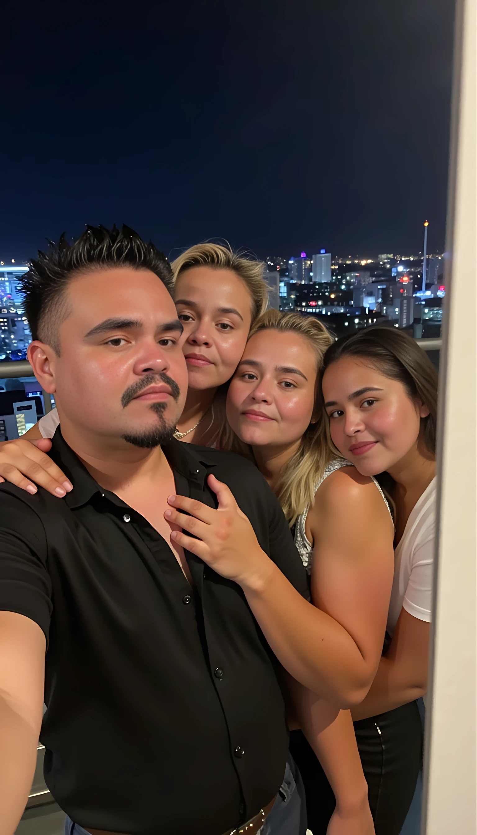 Selfie in a  mirror full man body wearing a  nice black dress shirt   Hugging with 2 blonde girls with blue eyes and 2 Mexican girls in a  big city night lights background 
