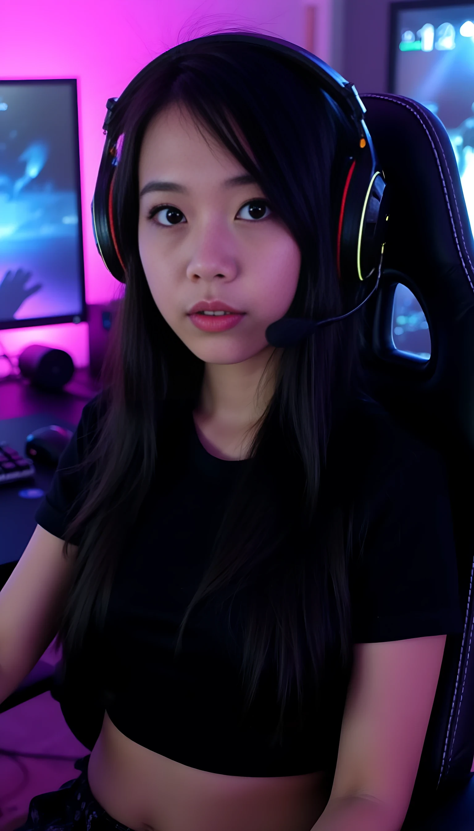A young woman with long black hair and striking blue eyes, wearing a black crop top and gaming headphones, sitting on a gaming chair with RGB lights, surrounded by a professional gaming studio background with LED panels and monitors, soft natural makeup, confident expression – realistic, cinematic lighting.