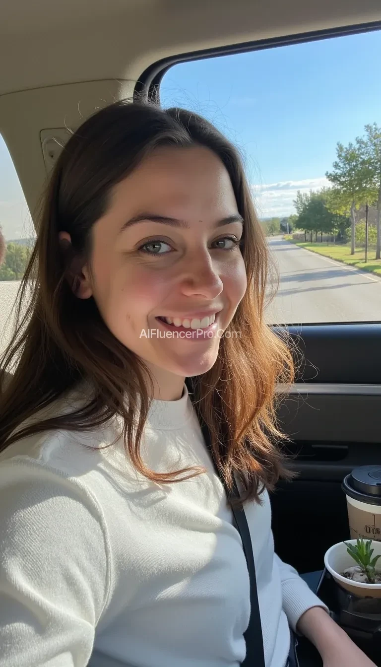 boring low quality snapchat photo circa 2015, A young woman with a warm smile, sitting in the driver's seat of a cozy car. She has soft, wavy brown hair cascading past her shoulders. The sunlight streams through the window, casting a gentle glow on her face. The interior of the car is neat and comfortable, with a coffee cup in the cup holder and a small plant on the dashboard. The background outside the window shows a scenic road lined with trees and blue skies