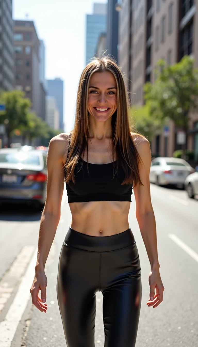 Fun bright low quality photo, A full body photos of a hot young girl with a sexy smile showing off her ass.  Walking in a city street. He’s wearing tight latex pants and a crop top. She has soft, straight light brown hair cascading past her shoulders. The light of the sun gives her a gentle glow on her face. The environment of the street is urban with traffic. 