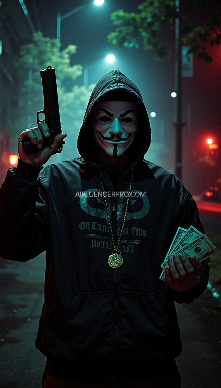 Image Description: An avatar depicting the grim underworld of the city, set against a dimly lit street backdrop. The central figure is a person wearing a mask, holding money and a gun. The entire scene is filled with mystery and menace, reflecting the struggle for survival and gang culture commonly explored in trap rap.

Style: Modern street art, utilizing dark tones and strong contrasts to enhance the tension and visual impact of the image.