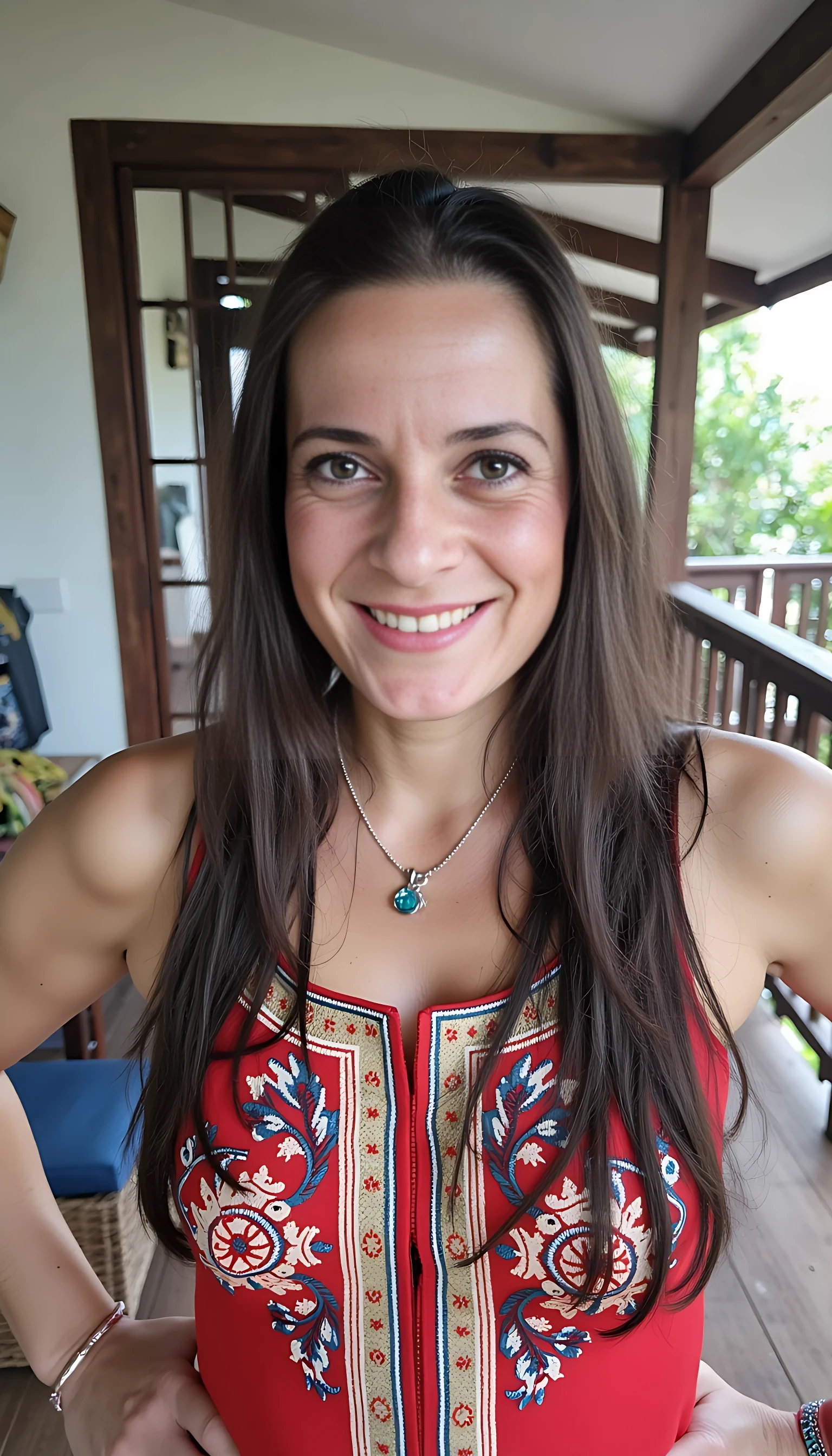 photo of brunette woman CSTMDL shy smile, small puffy saggy tits in USA indian historical national costume in indian reservation