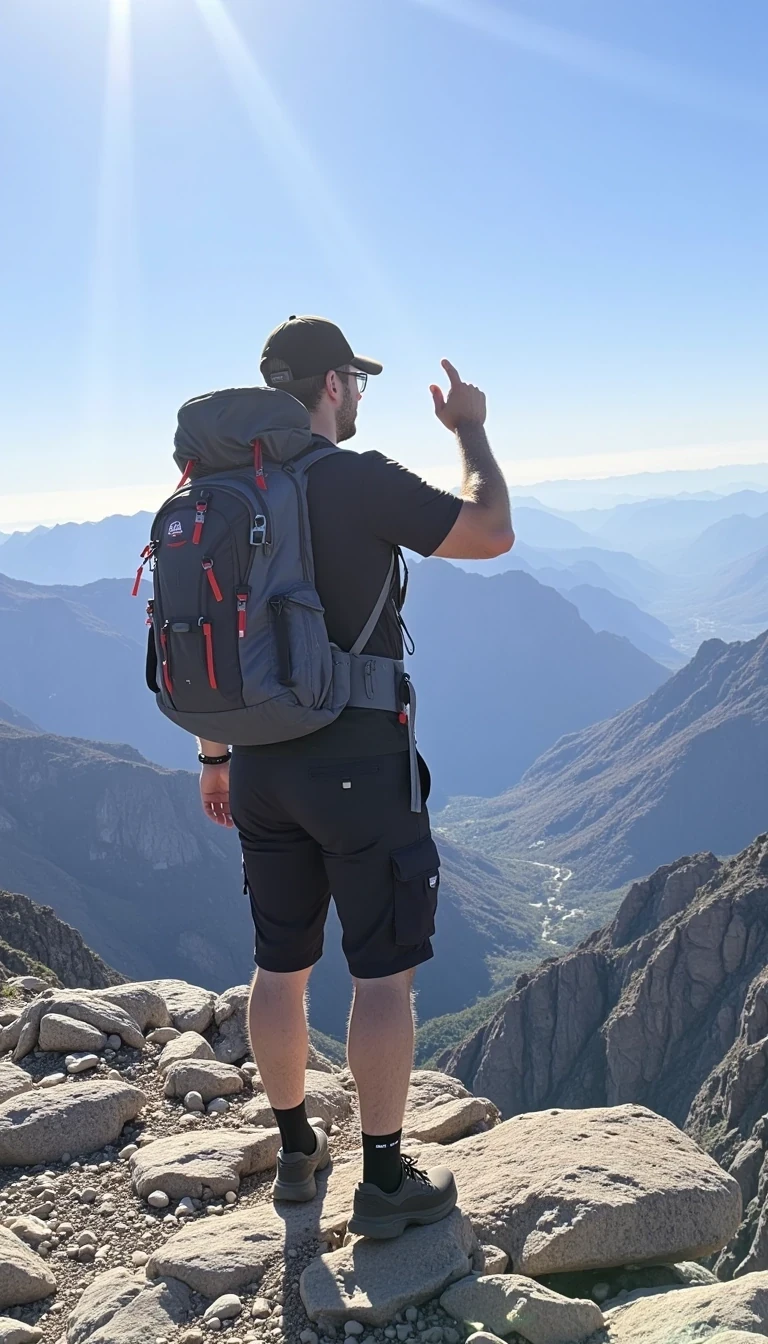 photo of a mid 40s man CSTMDL with a dad bod but in shape and strong in hiking attire at the summit of a small mountain