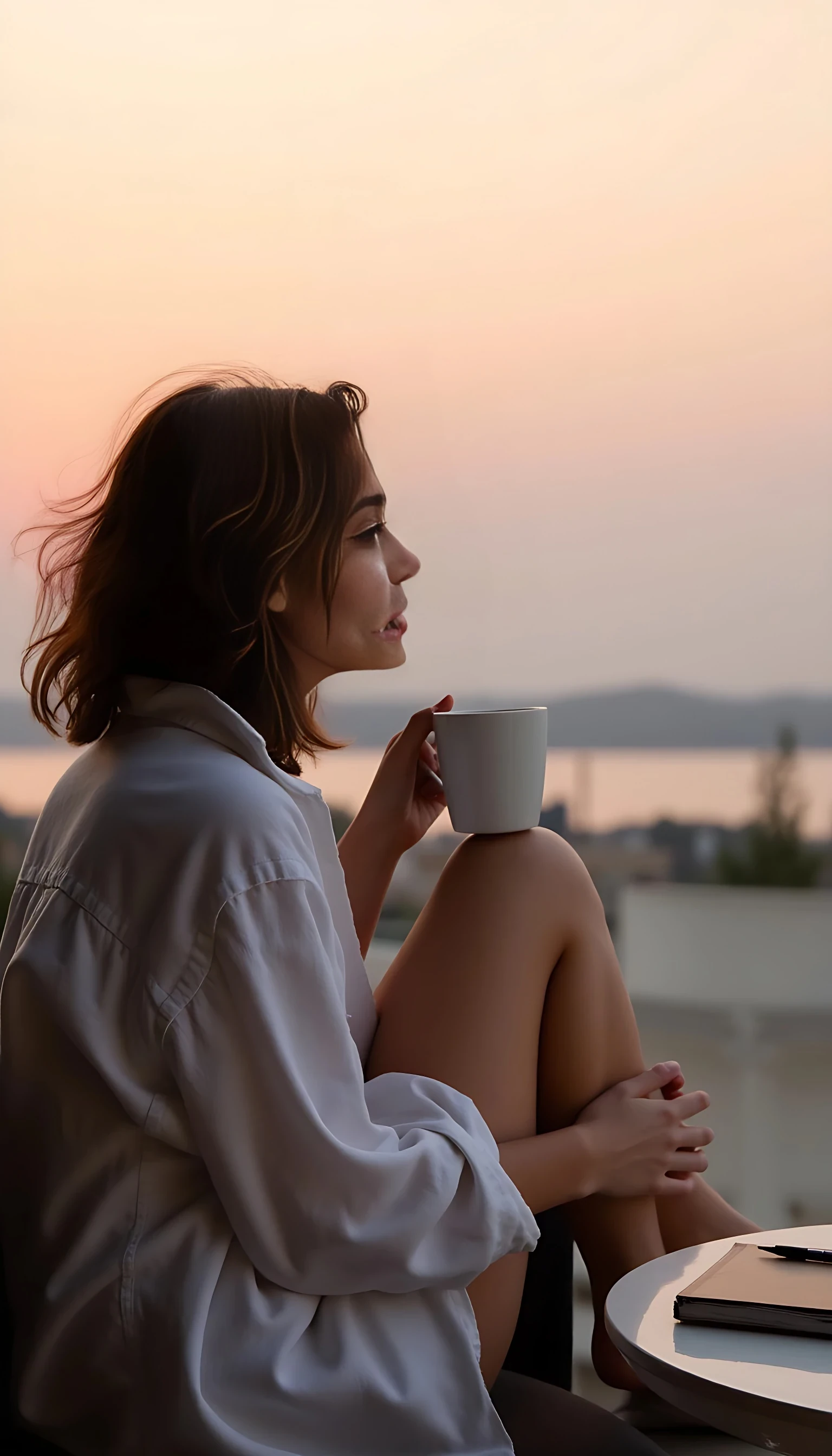 A young woman with slightly messy chestnut brown hair sits alone on a hotel balcony at golden hour, wrapped in a loose white linen shirt. Her legs are crossed, one hand holding a coffee mug, the other resting on her knee. She looks out over the horizon, eyes soft, lost in thought. The sky glows in soft pinks and oranges. Wind plays gently with her hair. There's a journal and a pen on the table beside her. The mood is intimate, poetic, and a little bit wistful.