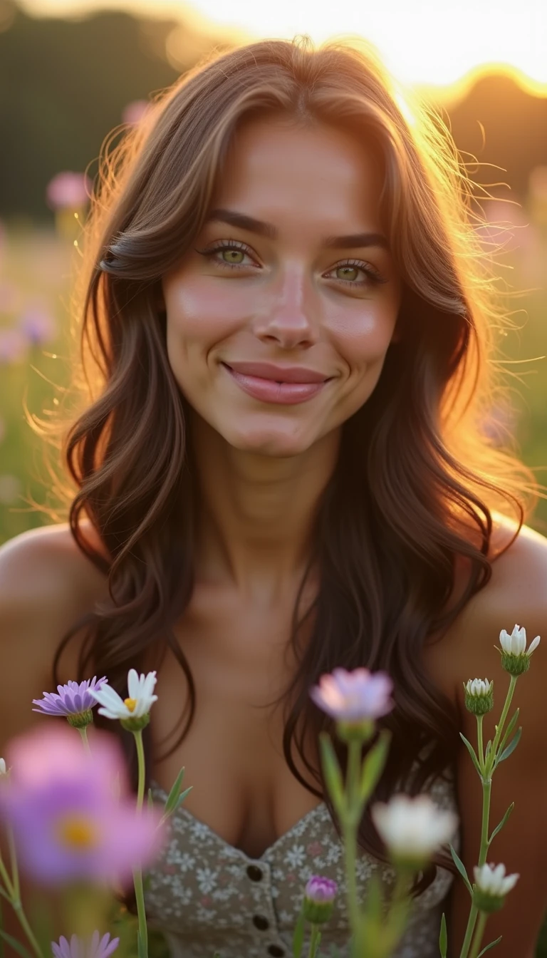 boring low quality snapchat photo circa 2015, A beautiful young woman in her early 20s is captured in a candid photo taken by someone else, outdoors during golden hour. She has a soft heart-shaped face, high cheekbones, and almond-shaped green eyes that sparkle with warmth and presence. Her soft eyeliner and dewy complexion give her a fresh, natural glow. Her full, glossy lips in a rose-pink shade are gently parted or curled into a relaxed smile — the kind that happens when someone catches her mid-laugh or thought.

Her long chocolate brunette hair falls in soft, slightly frizzy waves with subtle highlights, gently tousled by the breeze. A few strands rest across her collarbone or cheek, adding real movement and intimacy. Her lightly tanned skin reflects the golden sunlight beautifully.

She’s standing or sitting among a bed of wildflowers — colors like lavender, pale yellow, soft pinks, and whites — surrounded by gentle greenery and soft, blurred petals in the foreground. The camera frames her from about the chest up or in a relaxed, full-body portrait, as if a friend took the shot while they were walking through the garden.

The lighting is soft and directional from the setting sun, casting warm highlights and creating a dreamy, golden atmosphere. Her expression is open and effortless — like someone just said her name, and she turned with a soft smile.

Use realistic facial features, natural body proportions, glowing ambient light, real floral textures, and authentic framing. Avoid distortion, overly posed angles, or artificial enhancement.