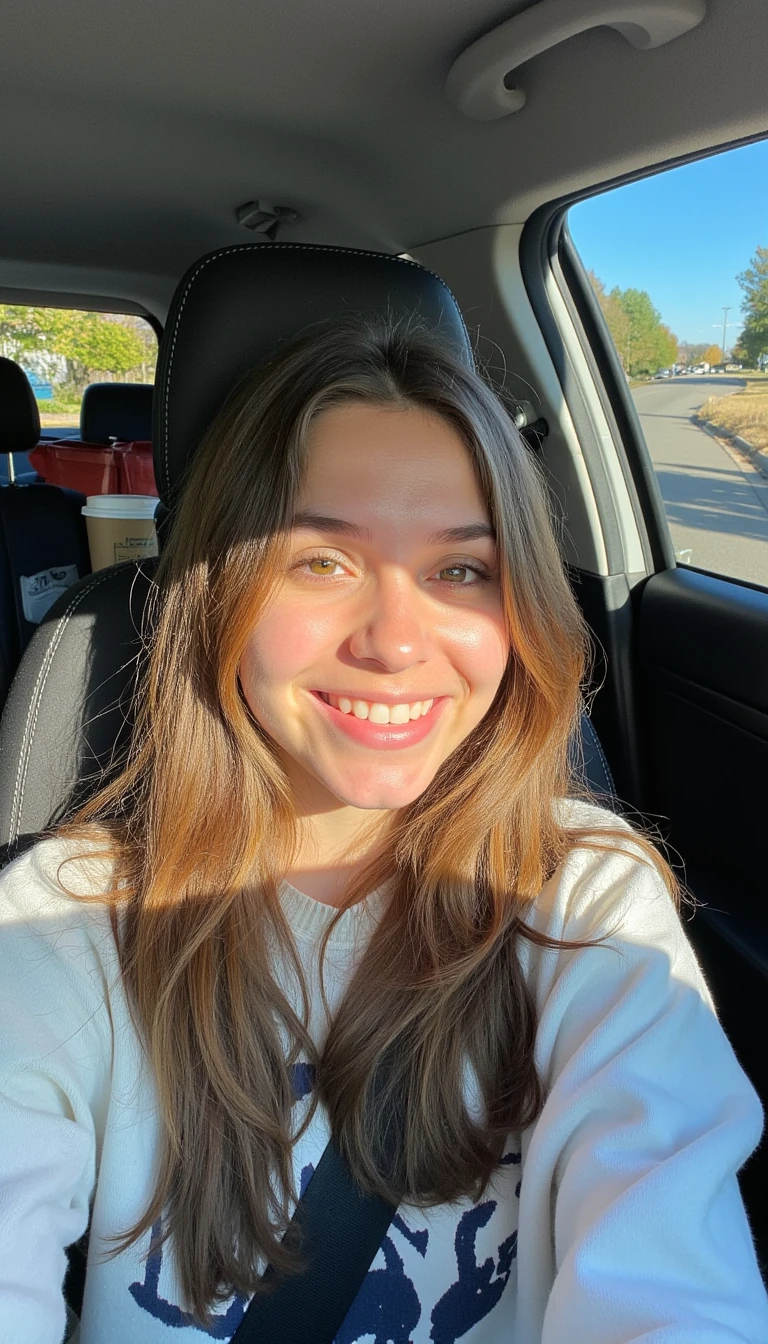 boring low quality snapchat photo circa 2015, A young woman with a warm smile, sitting in the driver's seat of a cozy car. She has soft, wavy brown hair cascading past her shoulders. The sunlight streams through the window, casting a gentle glow on her face. The interior of the car is neat and comfortable, with a coffee cup in the cup holder and a small plant on the dashboard. The background outside the window shows a scenic road lined with trees and blue skies