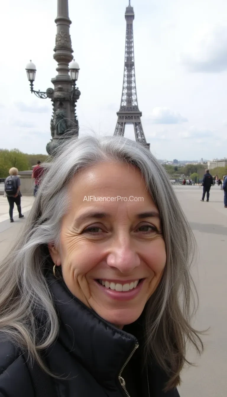 Generate three AI-style images of a 65-year-old woman with longer gray hair, ensuring her skin tone looks realistic and natural. The settings should include:

Selfie in Paris: A close-up selfie of her smiling casually in Paris, with the Eiffel Tower prominently visible in the background.
The images should have an amateur photography style (not glamorous), with lifelike details while maintaining a subtly AI-generated appearance.
