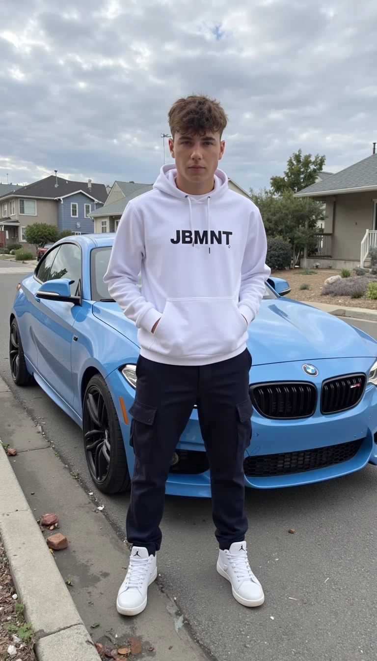 CSTMDL - The image depicts a young masculine man standing and in far away is back blue car, specifically a BMW M2 2024 in colour: baby blue. He wears a white hoodie emblazoned with the CAPS text 'JBMNT' and dark cargo pants. he wears on shoes nike jordan boots, specifically a shite Jordan 1 Retro High Dior