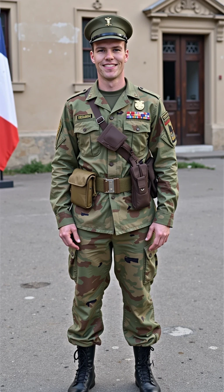 Wearing the French foreign legion military camo uniform standing outside a military barracks with the French flag on a wall, smiling and posing, skinny built