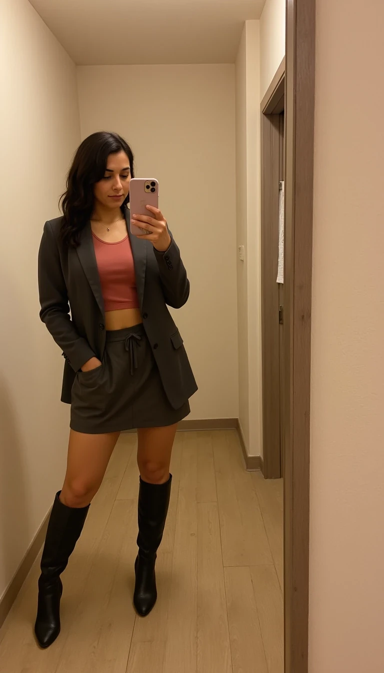 boring low quality snapchat photo circa 2015, cute woman, soft brunette hair, full outfit