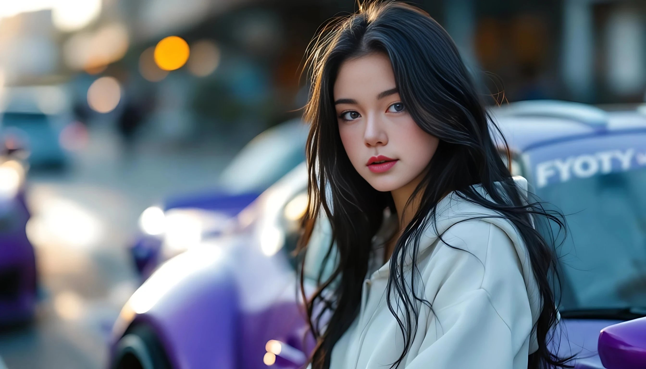 A beautiful young woman with long black hair and blue eyes, wearing a white hoodie leaning confidently against a modified purple Toyota 86 Liberty Walk, full body shot, afternoon golden hour lighting, urban background, soft shadows — car girl aesthetic.


negative prompt:  blurry, low resolution, low quality, distorted face, extra limbs, extra fingers, missing fingers, deformed hands, unnatural skin texture, overexposed, underexposed, bad anatomy, disfigured, mutated, duplicate face, fused limbs, exaggerated features, unrealistic eyes, anime style, cartoon, doll-like, glitch, watermark, text, logo, grain, noisy background, jpeg artifacts, lens distortion, fisheye,deformed hands, extra fingers, missing fingers, double face, bad anatomy, blurry face, disfigured, bad proportions, low quality, artifact, mutated limbs, asymmetrical eyes, face distortion, incorrect lighting, extra limbs, low quality, bad anatomy, disfigured, mutated, deformed, extra limbs, extra fingers, missing fingers, blurry face, ugly face, inconsistent face, bad hands, face distortion, body distortion, duplicate face, glitch, watermark, logo, text,no text,no watermark,no extra fingers no blurry face
