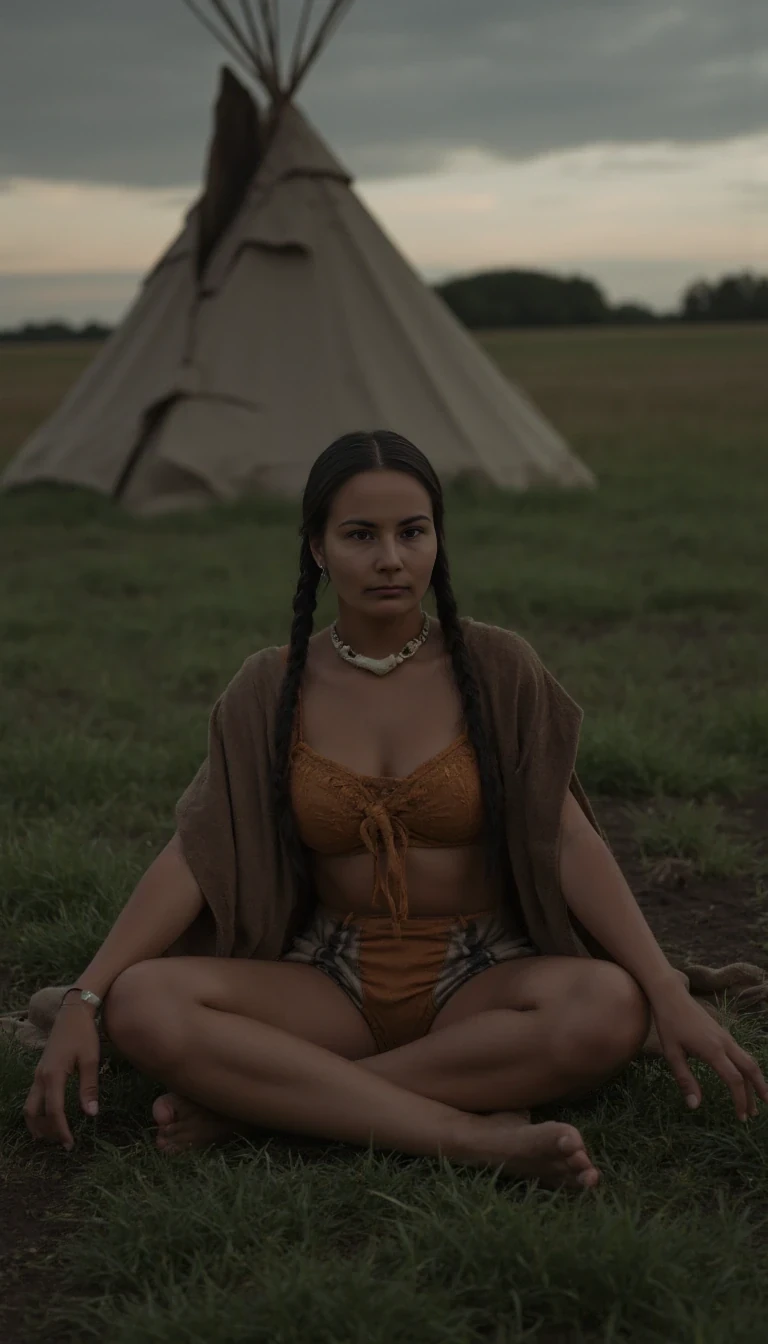Medium shot photo of a 25-year-old slim athletic Native American woman with small A cup breasts, wearing native American Regalia, posing stoically in front of a round native American plains style tipi. Set under dim natural sunrise light. The sun has barely begun to peek over the horizon. The image has a dull color palette, with the greenery of the ground around the tipi being dark green and browns cast with shadows and dull gray sky meets the sunrise on the horizon enhancing the moody atmosphere. The woman, who is Native American in appearance, has a slim athletic build and petite perky breasts She is wearing a traditional smoked hide native American Regalia outfit, it resembles leather lace bra and panties, it is golden smoked hide brown in color. She has a traditional buffalo hide robe draped around her resting on both of her shoulders. She is wearing a traditional bone choker around her neck. You can still see her entire leather lace bra and panties. Her hair is Native American styled with 2 long braids. She is sitting on the ground with her legs spread apart and her smoked hide panties exposed to the camera. The woman is looking directly at the camera stoically without any other expression. There is no explicit nudity visible. Cinematic shooting style. Romantic setting. 