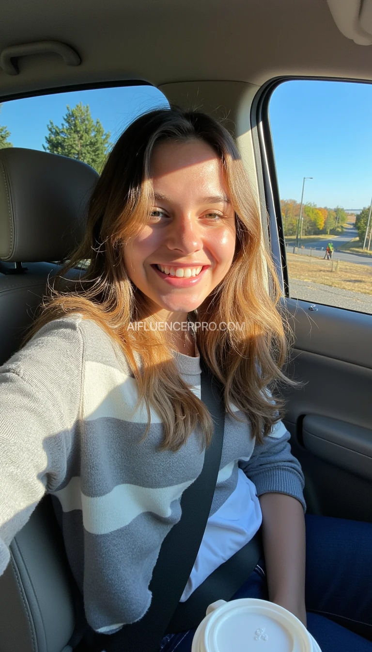 boring low quality snapchat photo circa 2015, A young woman with a warm smile, sitting in the driver's seat of a cozy car. She has soft, wavy brown hair cascading past her shoulders. The sunlight streams through the window, casting a gentle glow on her face. The interior of the car is neat and comfortable, with a coffee cup in the cup holder and a small plant on the dashboard. The background outside the window shows a scenic road lined with trees and blue skies