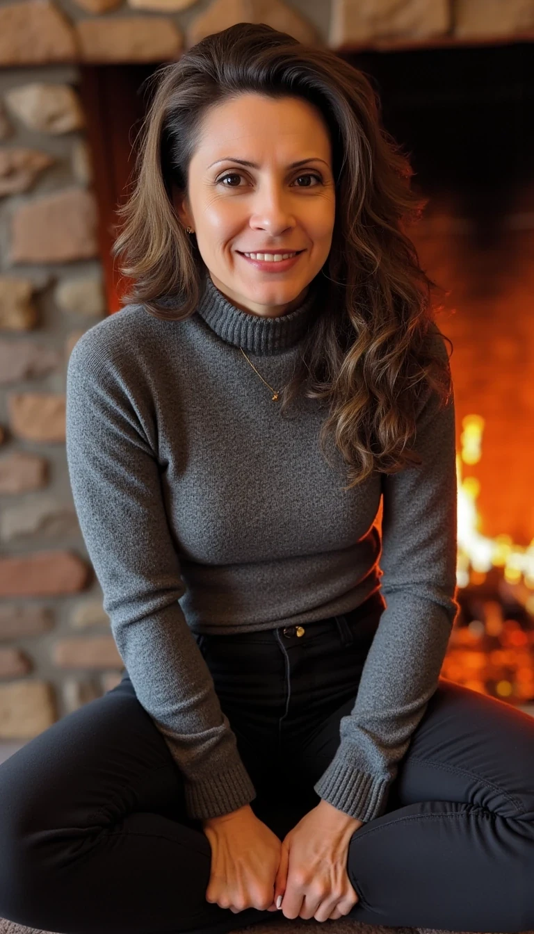 This high-quality photograph features a smiling woman with long, wavy brown hair, wearing a grey turtleneck sweater and black tights, seated by a cozy fireplace. The image uses natural lighting, with a shallow depth of field that blurs the background. Shot on a DSLR camera, likely with an aperture of f/2.8, shutter speed of 1/125s, and ISO 400. The composition follows the rule of thirds, with warm, inviting tones enhancing the intimate, rustic setting.