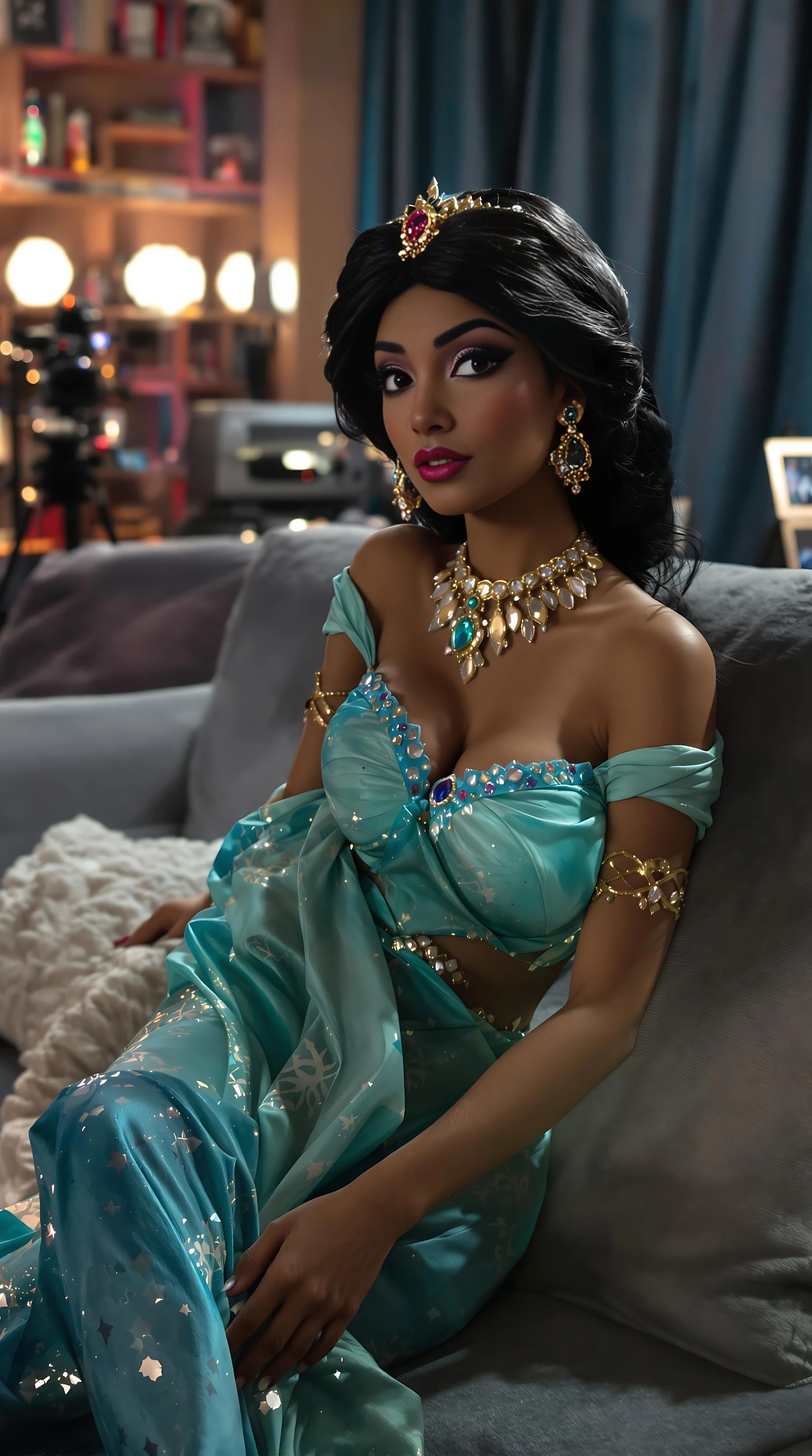 Disney pixar, pixar, Disney princess jasmine, but shes a adult film mexican actress version, sitting pretty on the casting couch, all dolled up, adult filming studio with a couch cameras, and an interviewer and a big large dark skinned man waiting for the filming to begin, I think everyone is eager and excited o watch her work in the adult video scene, porn, pornstar,