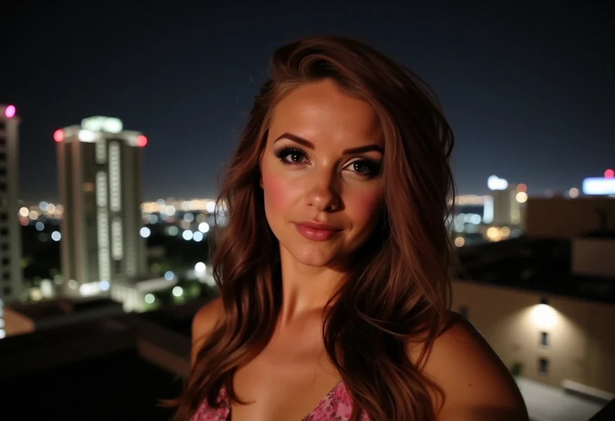 IMG_1343.HEIC, CSTMDL woman selfie on a nighttime rooftop, wearing a crop top,
low-quality Snapchat selfie