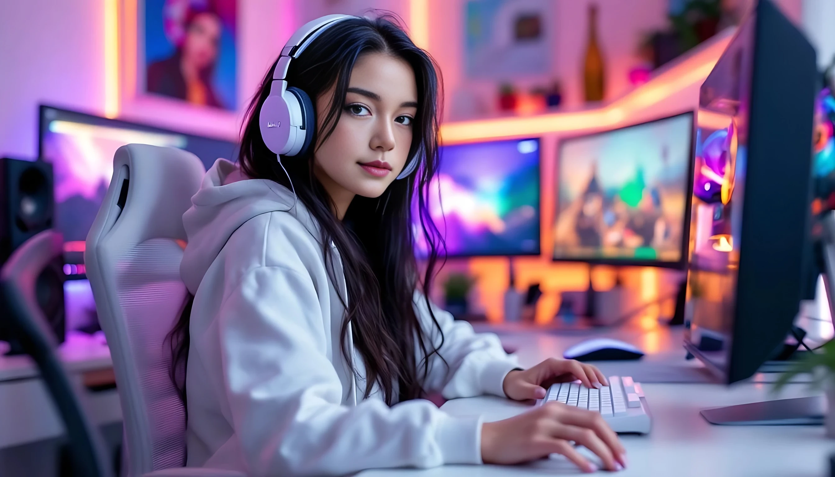 A beautiful young woman with long black hair with purple accents and striking blue eyes, wearing a white hoodie, studio headphones, sits sideways confidently to show off her white Lian Li gaming CPU, in a clean white gaming set. The PC is equipped with a full white Lian Li case with RGB fans, sleek dual monitors, a white mechanical keyboard, and a matching gaming mouse. Bright and soft lighting fills the room, highlighting her flawless natural makeup and gentle expression. Her studio is minimalist and clean, with pastel LED backlighting, white walls, and subtle decor — very realistic influencer-style photography, sharp focus, soft shadows.

negative prompt:  blurry, low resolution, low quality, distorted face, extra limbs, extra fingers, missing fingers, deformed hands, unnatural skin texture, overexposed, underexposed, bad anatomy, disfigured, mutated, duplicate face, fused limbs, exaggerated features, unrealistic eyes, anime style, cartoon, doll-like, glitch, watermark, text, logo, grain, noisy background, jpeg artifacts, lens distortion, fisheye,deformed hands, extra fingers, missing fingers, double face, bad anatomy, blurry face, disfigured, bad proportions, low quality, artifact, mutated limbs, asymmetrical eyes, face distortion, incorrect lighting, extra limbs
