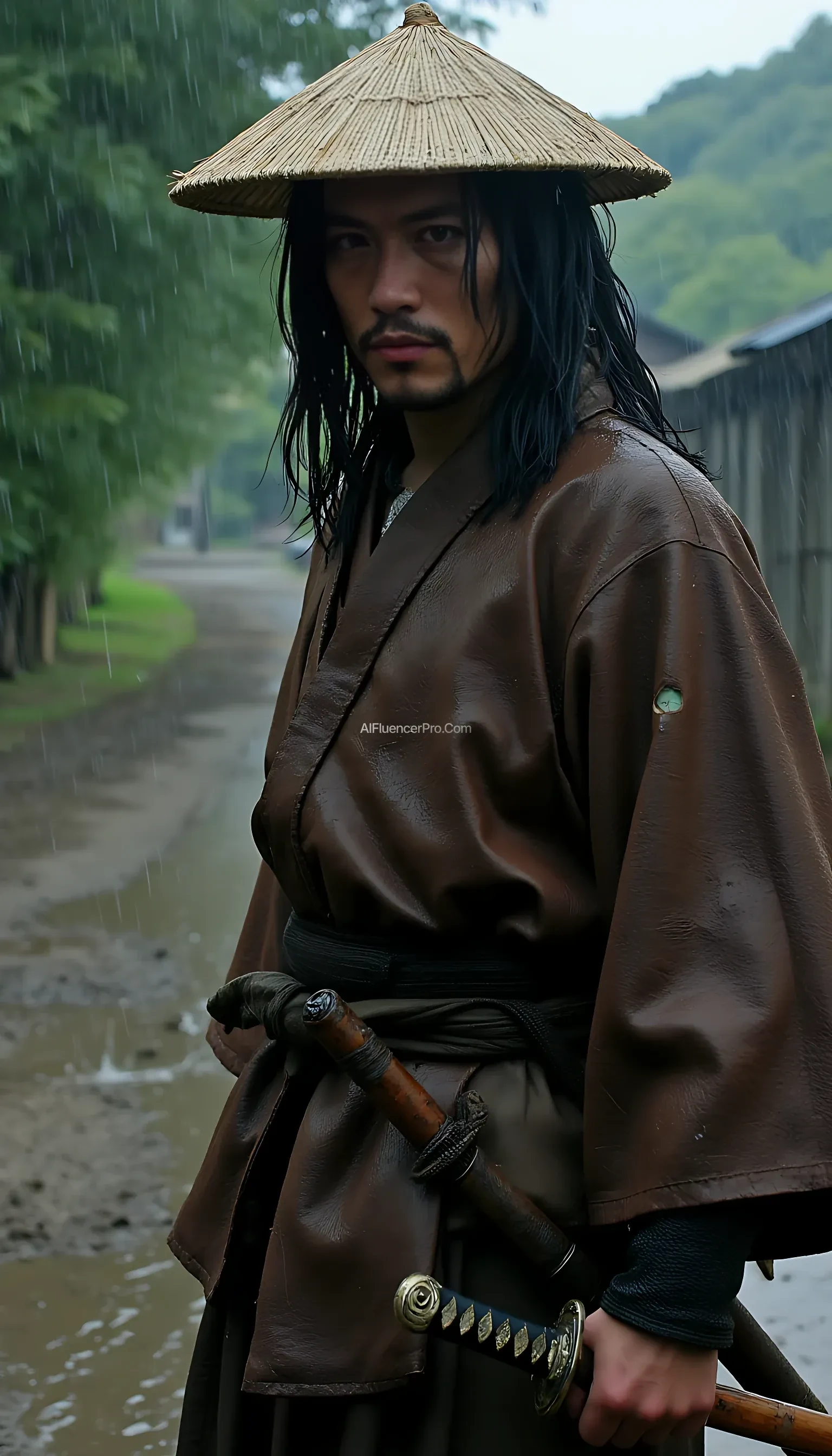 a male ronin samurai character with a highly cinematic and dramatic atmosphere. He wears a simple, weathered brown kimono with visible patches, reflecting a harsh life without a master. A traditional straw cap partially obscures his face, scarred and weary, with eyes that are sharp and full of resolve. He holds an old katana with a worn hilt, still sturdy in his grip. His long black hair is wet from the relentless rain pouring down. The background features a muddy village road with swaying bamboo trees under a strong wind. The rain creates puddles and splashes, adding cinematic elements, while occasional lightning illuminates his silhouette.