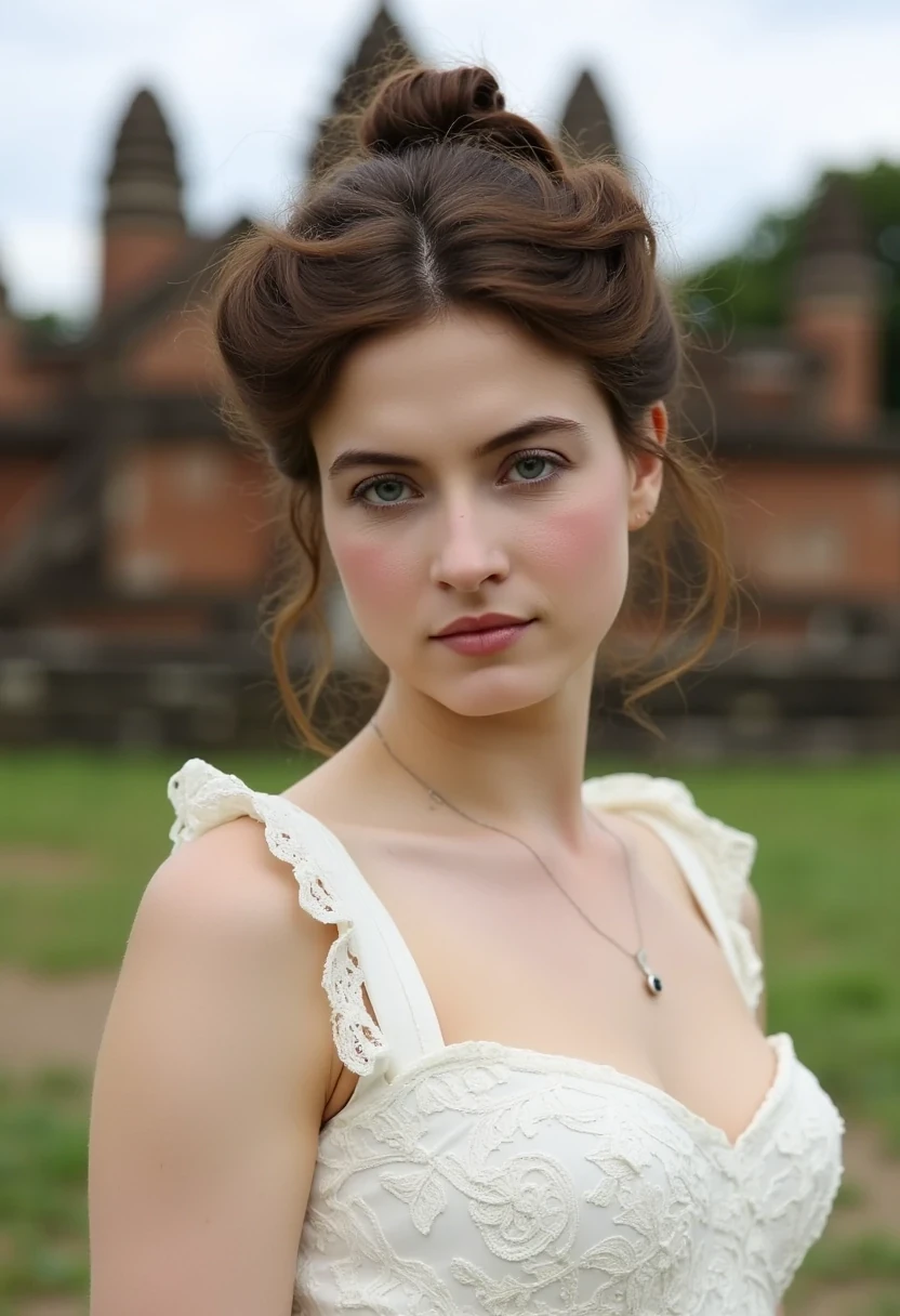 woman CSTMDL, photo ((medium)), brunette, blue eyes, cold smile, 1900 covering white dress, small pendant, tied hair, big breast, thin waist, cambodian khmer ruins in background