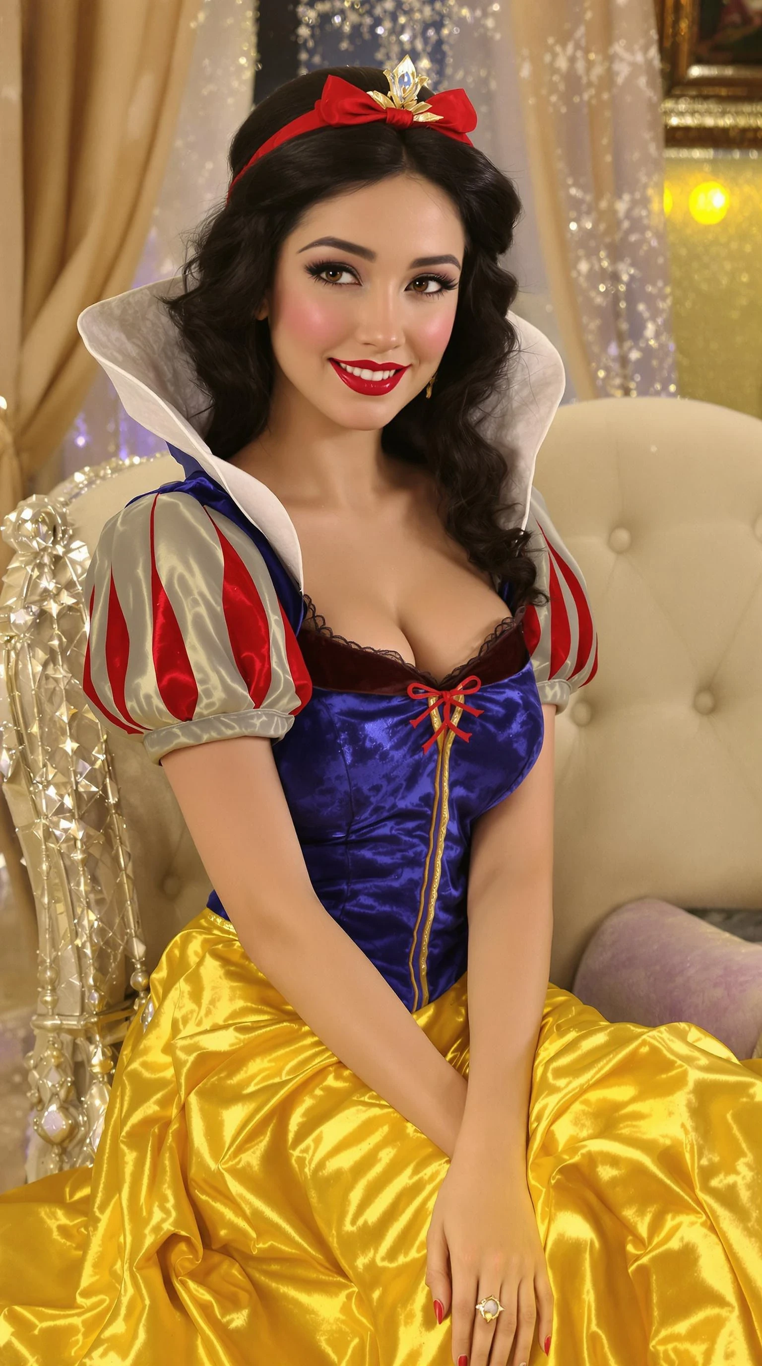 A 21st century new year 2025 modern Disney princess snow white version, snow white is wearing updated year 2025 trendy outfit that is her style, disney pixar, pixar, Disney princess snow white, but shes 18 years old now and a adult film actress, sitting very pretty on the casting couch porn