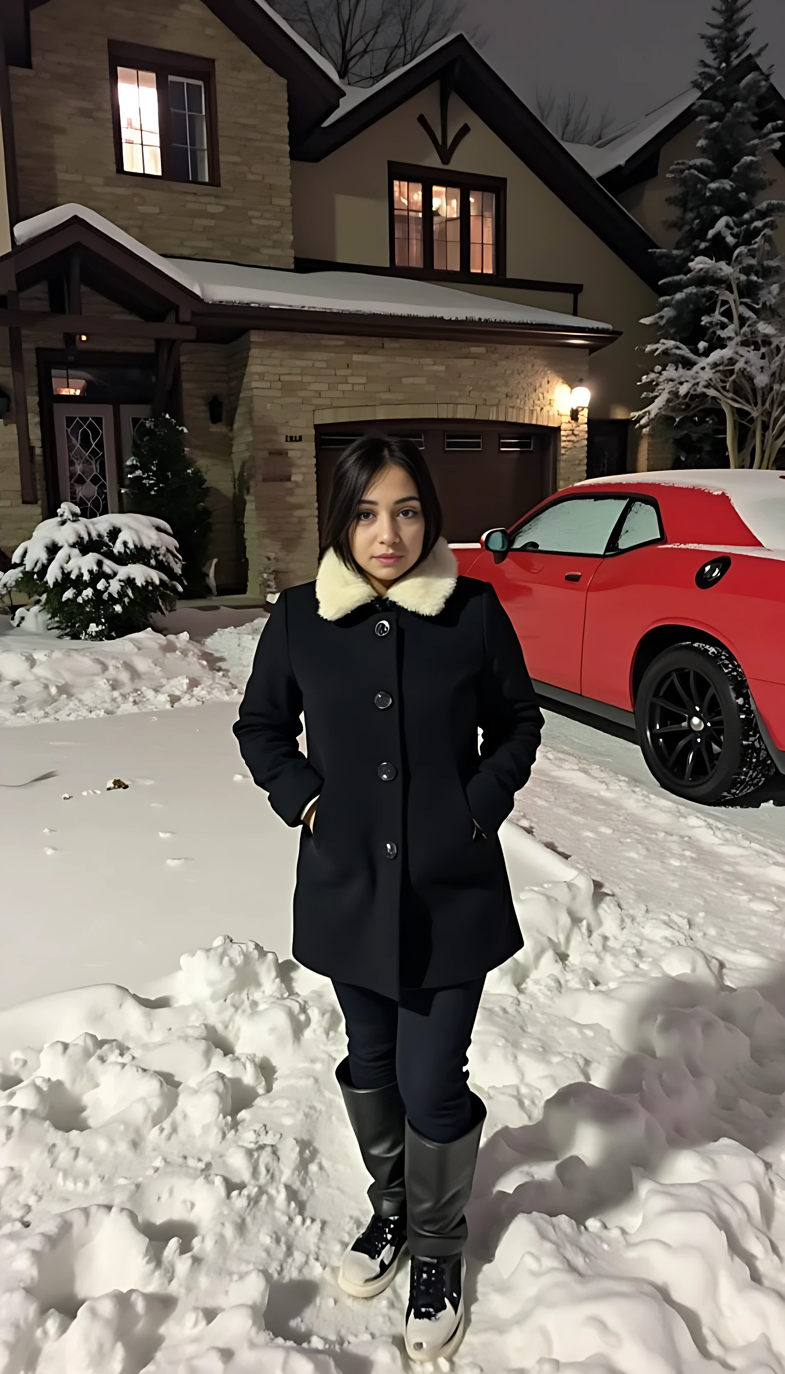 She is standing outside her home, she is wearing canadagoose overcoat and long winter shoes and gloves. , her home is big and  beautiful canadian type house, a red mustang charger on side. Maple trees are around house, night time, very heavy snowfall. Her feet are half in snow 