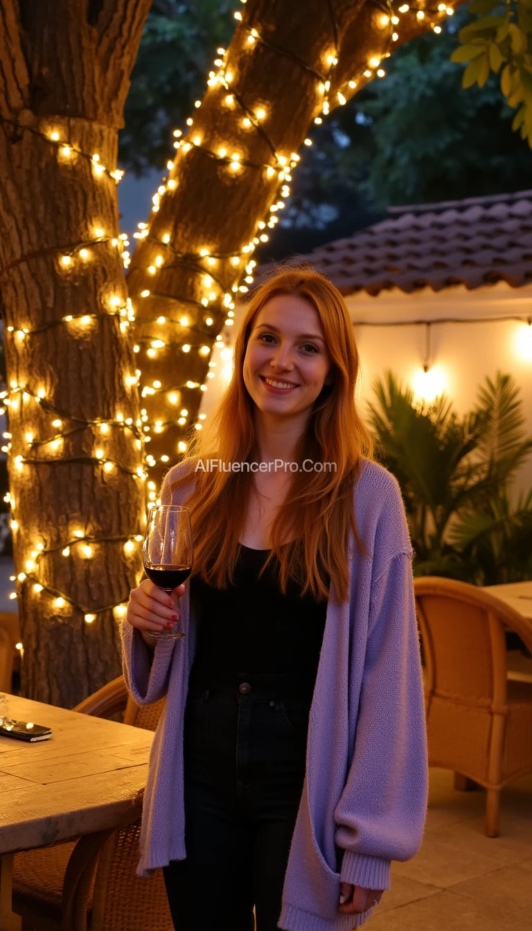 A full body shot photo of a woman standing outdoors at a cozy, warmly lit patio in the evening, with soft, glowing lights wrapped around a tree behind them creating a charming atmosphere. The image is rich in detail, with warm tones and clear textures throughout. The woman has fair skin, a slim build, and long reddish-blonde hair, also worn loose. She is smiling warmly at the camera, holding a glass of red wine in her right hand, and wears a soft-textured lavender cardigan over a black top. The background features a large tree with sparkling string lights wrapped around its trunk and branches, adding a magical touch to the scene. The setting suggests a private outdoor seating area, with elements like terracotta-tiled roofing, greenery, and rattan chairs contributing to a serene, inviting vibe. The overall composition is balanced, with the woman framed against the softly glowing tree, and the lighting enhances the warm, intimate feel of a quiet evening shared among friends. The details are vivid, with textures of clothing, skin, and background elements clearly visible, while the warm lighting creates a relaxed and joyful mood