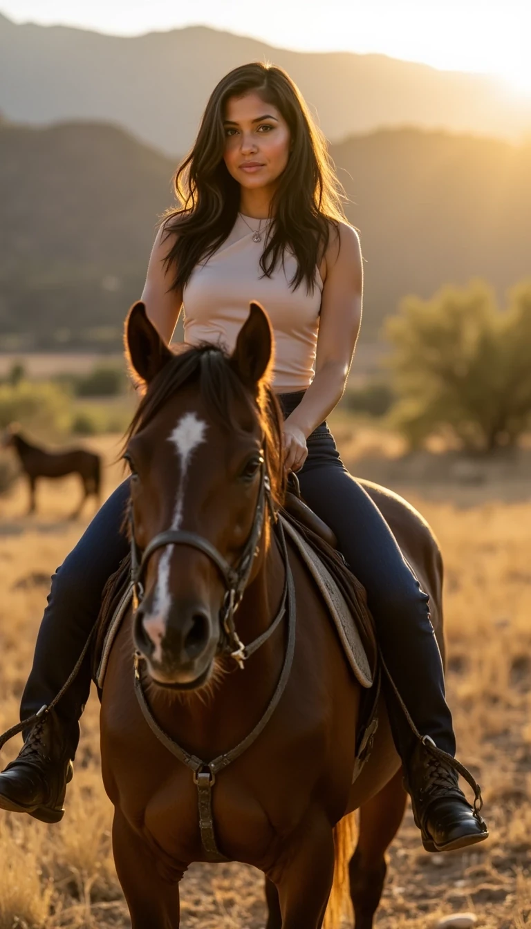 IMG_1578.HEIC CSTMDL woman horseback riding during golden hour on a sleek dark-brown horse with a glossy coat. The camera is pulled back slightly to capture her full figure, the horse, and the warm Colorado ranch scenery in the background. She’s wearing dark blue fitted jeans and a flattering, fitted top with subtle jewelry, her long dark wavy hair flowing naturally in the evening light. The scene has warm golden sunlight, natural shadows, and candid iPhone-style realism — authentic skin texture, soft highlights, and a relaxed confident smile as if a friend captured the shot.
–no airbrushed skin, no studio lighting, no plastic shine, no distorted anatomy, no duplicate faces
Annotation: aspect ratio 1:1, guidance 2.6