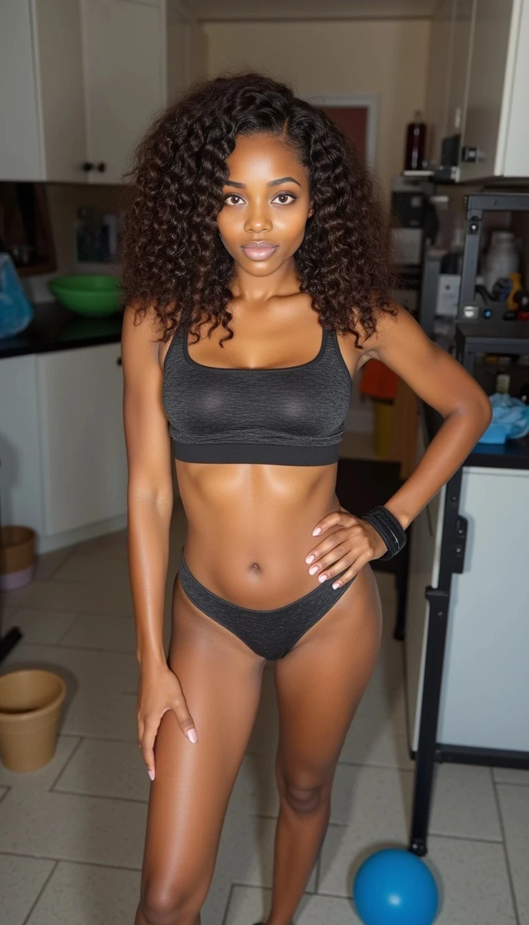 boring low quality snapchat photo circa 2015, a fit woman model as fitness influencer wearing gym outfit in the bodybuilding gym, Black girl, thin features, full lips, green eyes, curly brown hair