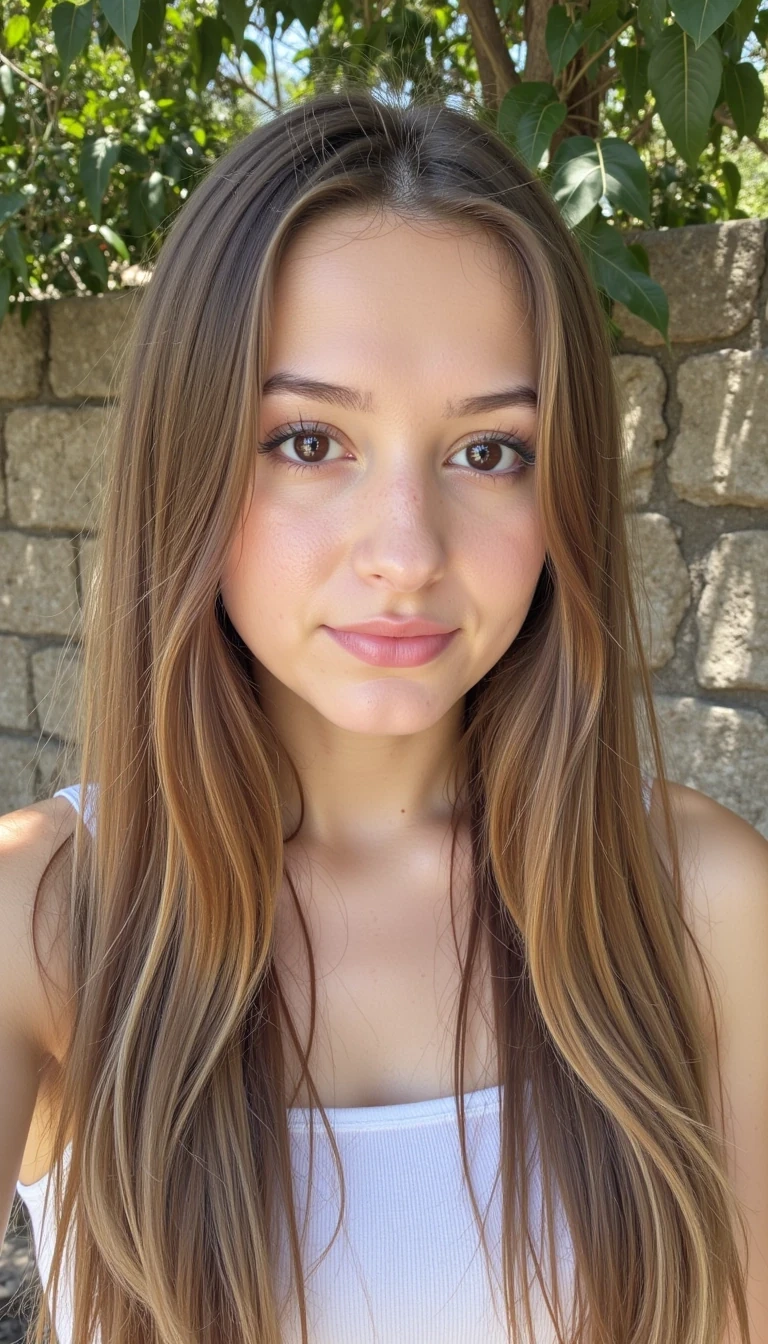 boring low quality snapchat photo circa 2015 full shot of a CSTMDL girl with dark brown eyes, long flat hair in a #6e3c24 chestnut brown shade and pink lips, soft, faint freckles on her cheeks and a tan and a delicate shape without any prominent features and let her be beautiful. and she hasLarger eyes make for a rounder and softer face
she is 165 cm tall, natural big D boobs cup under clothes, The body has a highly defined hourglass shape, The waist is very narrow at around 20 inches, creating a noticeable inward curve from the ribs to the hips, The hips measure about 39 inches, smoothly widening from the waist into full, rounded curves, The abdomen is flat with light vertical muscle tone visible, showing definition but not bulk. The thighs are long and wide, with subtle muscle definition, and the calves are slim and taper naturally. The arms are slender and lightly toned, with soft outlines of the upper arms and shoulders (deltoids). 


Woman is with Give her long, loose gray shorts that reach her knees and a black oversized T-shirt so that they cover her entire stomach and the sleeves reach her elbows, so that her nipples don't stick out of the T-shirt. and white Nike Air Force 1 shoes, the sun is shining gently on her and behind her is a stone wall covered with leaves, the girl has her head slightly tilted and is smiling and she is holding her left hand by her side and the other in her hair.  