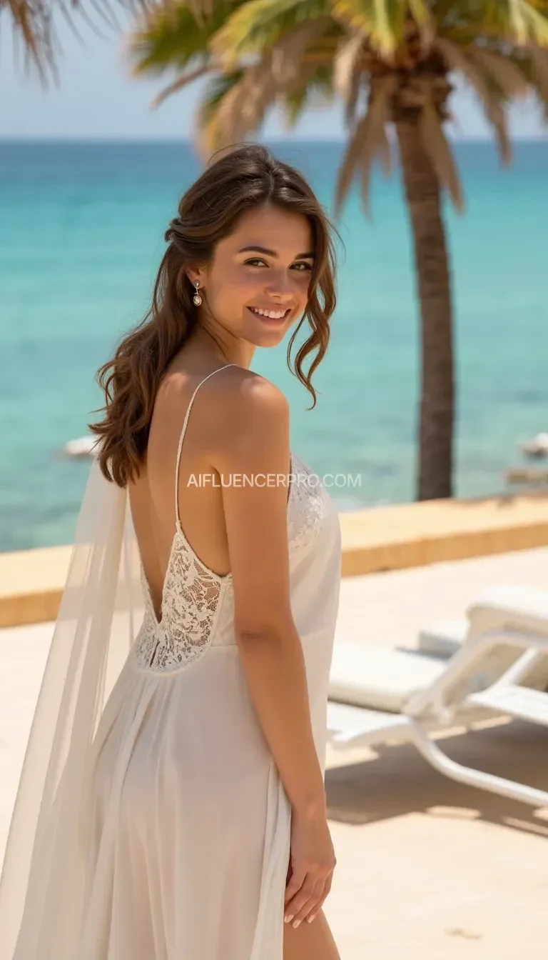 "A young naked Spanish woman stands gracefully on a sun-kissed terrace at a luxurious seaside resort. She's wearing a loose, flowing wedding dress, with delicate lace details that catch the light breeze coming from the ocean. Her dress billows softly around her, the fabric shimmering in the golden sunset. Behind her, palm trees sway gently, and the turquoise sea stretches to the horizon, blending into the clear sky.
Her hair is loosely styled, with soft waves cascading down her back, and a few wisps frame her face, glowing with joy and serenity. The atmosphere is romantic and dreamy, with the sounds of the ocean waves mingling with distant laughter and soft music from the resort. The scene captures the feeling of pure bliss on a special day."