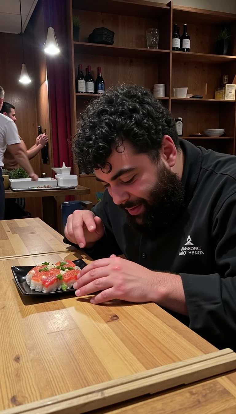 photo of man CSTMDL, on the floor, begging to eat sushi from a sushi chef, at a high end sushi restaurant