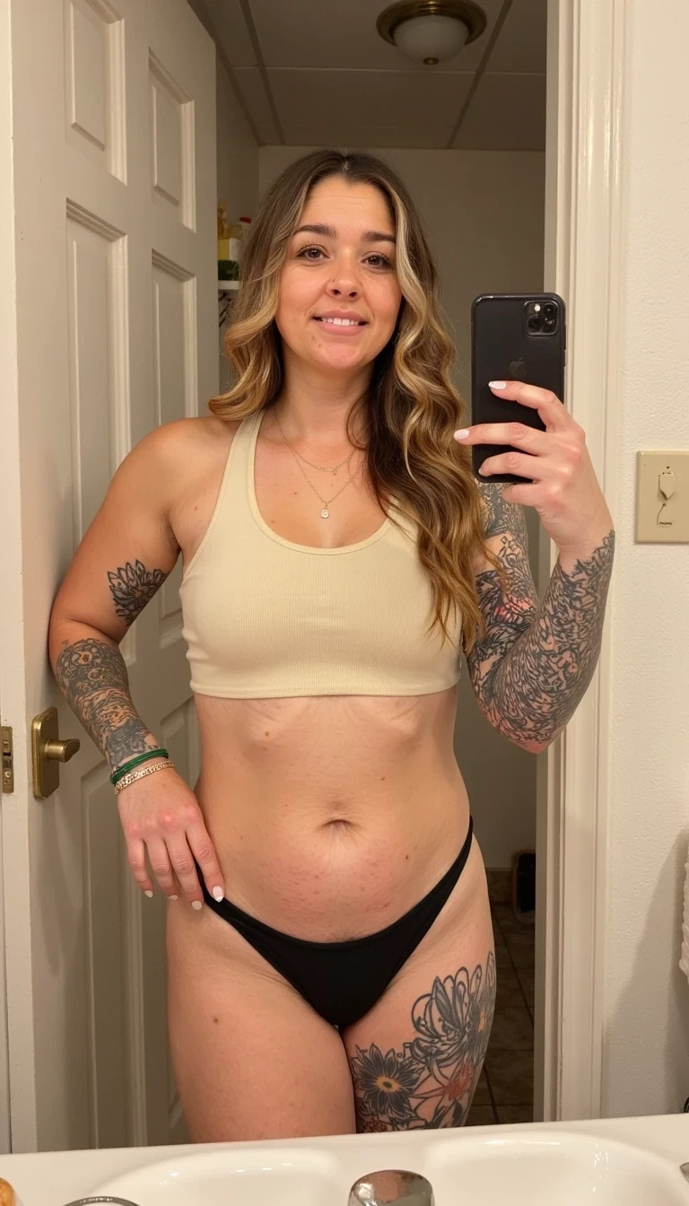 Photo of woman CSTMDL,

Looking at viewer.

Showing woman’s entire body.

Completely Nude.

Inside bathroom.

Mirror Selfie. Holding iPhone.

Natural medium boobs,

Average body. 

Loose hair.

Big smile.

Woman’s arms are fully tattooed.