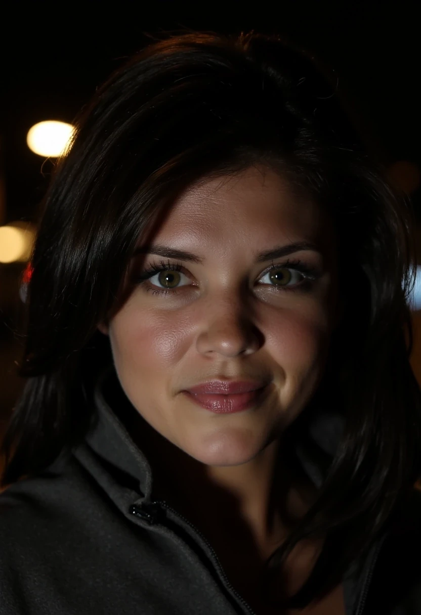 CSTMDL, ice blue eyes, brunette, close-up of her face, no smile, under street lamp by night, bothered

