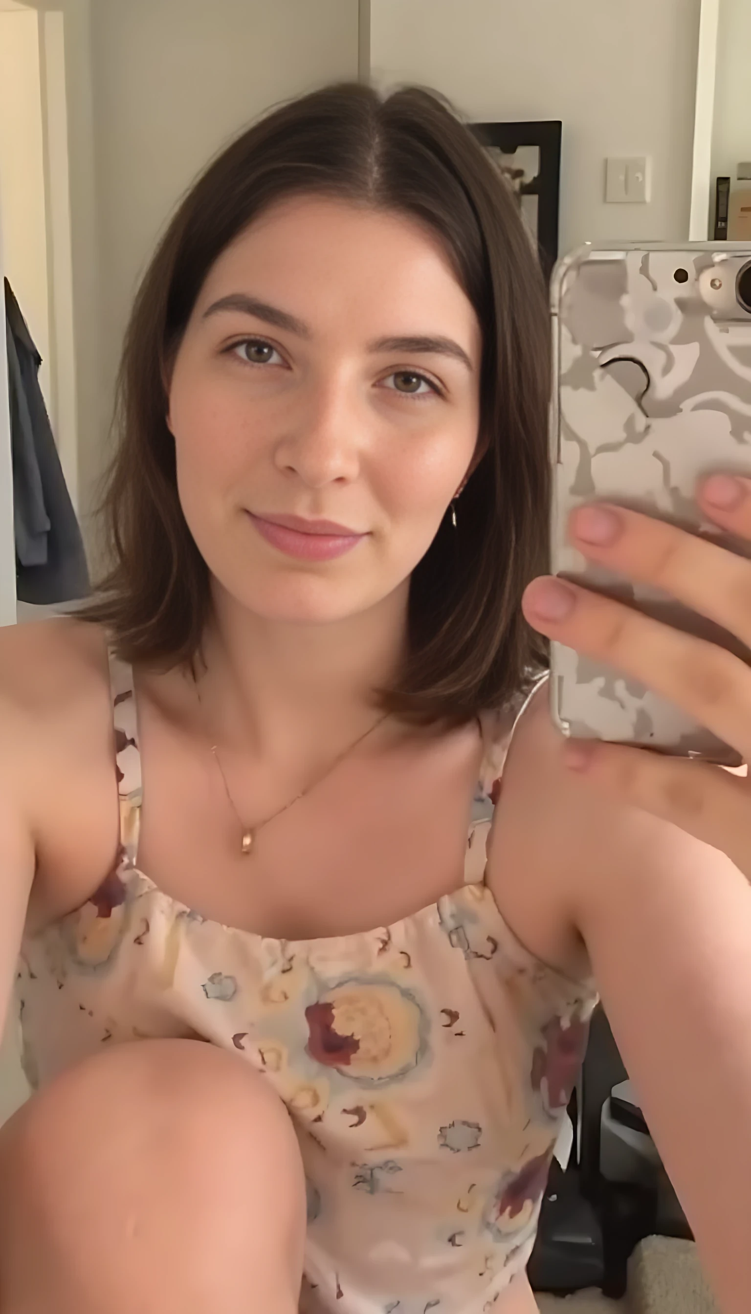 boring low quality snapchat photo circa 2015, cute woman, soft light brown hair, underwear