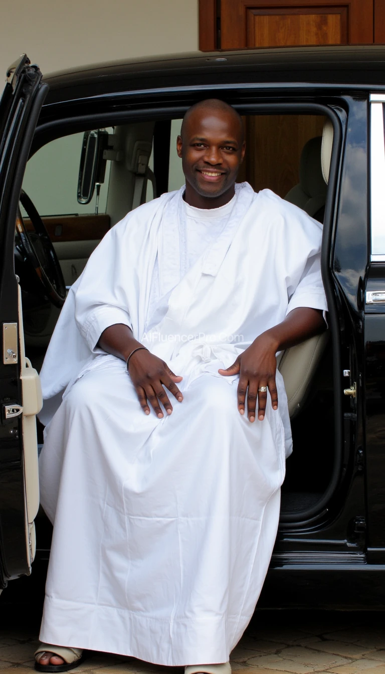 "A regal African man from Uganda, wearing a traditional kanzu (a long, flowing garment resembling a robe or a bedsheet) made of white fabric with a slight sheen. He has a deep, rich brown skin tone, a broad, confident smile, and a strong, angular face with high cheekbones. His head is clean-shaven, adding to his dignified appearance. He is seated behind the wheel of a Rolls-Royce Phantom, its sleek and luxurious design creating a striking contrast with his traditional attire. The car exudes royalty, with its glossy black exterior and chrome detailing, while the man’s expression radiates pride and elegance."