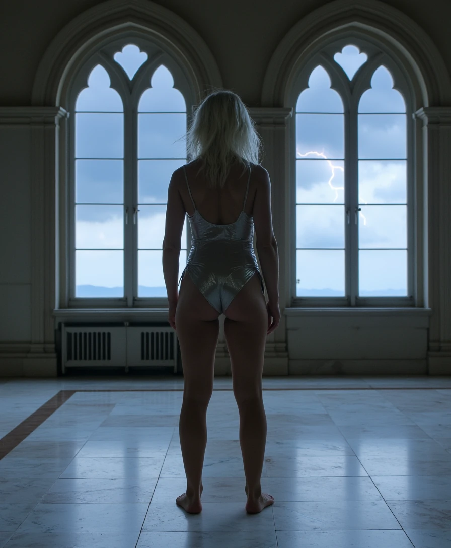 In a high-ceilinged room with marble floors and arched windows, Luna Vex, with icy blonde hair, stands barefoot on cold stone, facing forward. A storm rages quietly outside—lightning flickers in the distance, barely illuminating her figure in a skin-tight, transparent silver slip that clings to every line of her body. Mist rolls in from the open windows as the wind catches her platinum hair, sweeping it across her face. Her back arches slowly, eyes narrowed with a smirk that’s equal parts challenge and seduction. Her presence is quiet but electric, like the room itself is reacting to her. Goosebumps rise on her skin—not from the cold, but from anticipation. Her voice hasn’t said a word… but your body already answered.