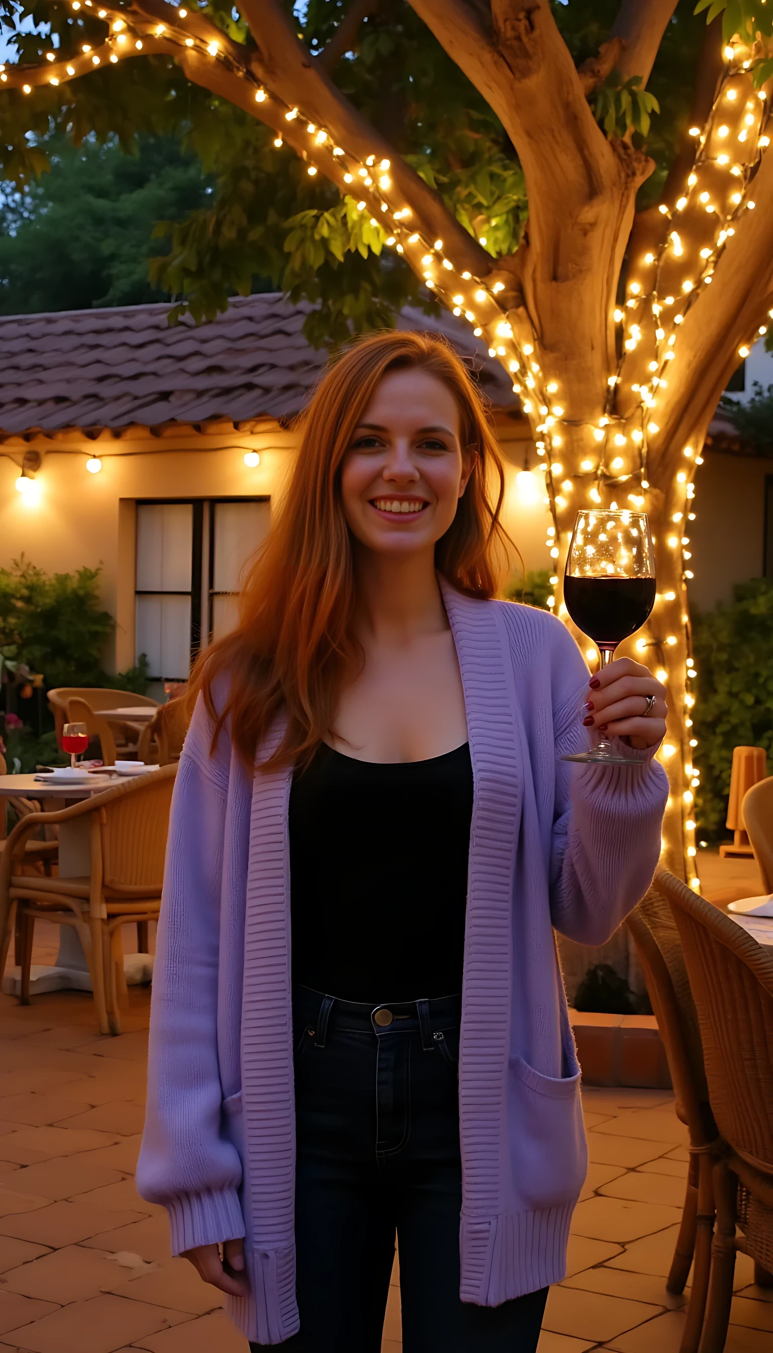 A full body shot photo of a woman standing outdoors at a cozy, warmly lit patio in the evening, with soft, glowing lights wrapped around a tree behind them creating a charming atmosphere. The image is rich in detail, with warm tones and clear textures throughout. The woman has fair skin, a slim build, and long reddish-blonde hair, also worn loose. She is smiling warmly at the camera, holding a glass of red wine in her right hand, and wears a soft-textured lavender cardigan over a black top. The background features a large tree with sparkling string lights wrapped around its trunk and branches, adding a magical touch to the scene. The setting suggests a private outdoor seating area, with elements like terracotta-tiled roofing, greenery, and rattan chairs contributing to a serene, inviting vibe. The overall composition is balanced, with the woman framed against the softly glowing tree, and the lighting enhances the warm, intimate feel of a quiet evening shared among friends. The details are vivid, with textures of clothing, skin, and background elements clearly visible, while the warm lighting creates a relaxed and joyful mood