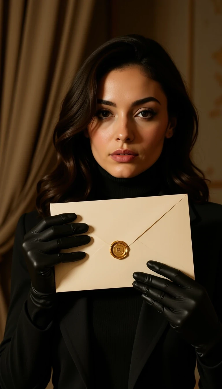 Model age: 30
Ethnicity: French
Style: Powerful, Elegant, Editorial, Dark Glamour, CSTMDL woman
Holding an envelope with wax seal marked “É”, black gloves, teasing expression, editorial style