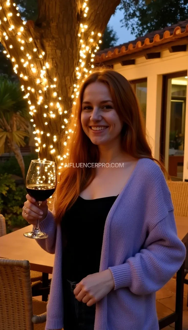 A full body shot photo of a woman standing outdoors at a cozy, warmly lit patio in the evening, with soft, glowing lights wrapped around a tree behind them creating a charming atmosphere. The image is rich in detail, with warm tones and clear textures throughout. The woman has fair skin, a slim build, and long reddish-blonde hair, also worn loose. She is smiling warmly at the camera, holding a glass of red wine in her right hand, and wears a soft-textured lavender cardigan over a black top. The background features a large tree with sparkling string lights wrapped around its trunk and branches, adding a magical touch to the scene. The setting suggests a private outdoor seating area, with elements like terracotta-tiled roofing, greenery, and rattan chairs contributing to a serene, inviting vibe. The overall composition is balanced, with the woman framed against the softly glowing tree, and the lighting enhances the warm, intimate feel of a quiet evening shared among friends. The details are vivid, with textures of clothing, skin, and background elements clearly visible, while the warm lighting creates a relaxed and joyful mood