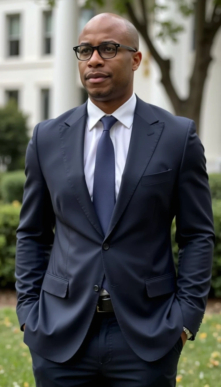 iPhone Photorealistic Full body image. make him more realistic and similar. Powerful CEO, He is wearing a suit and modern ray ban reading glasses . Slim but lightly muscular build. He is looking beyond and to the side of the camera , as if the paparazzi is shooting him while he is standing in the white house. He looks like a confident stud, CSTMDL, Face of Carter and bald head