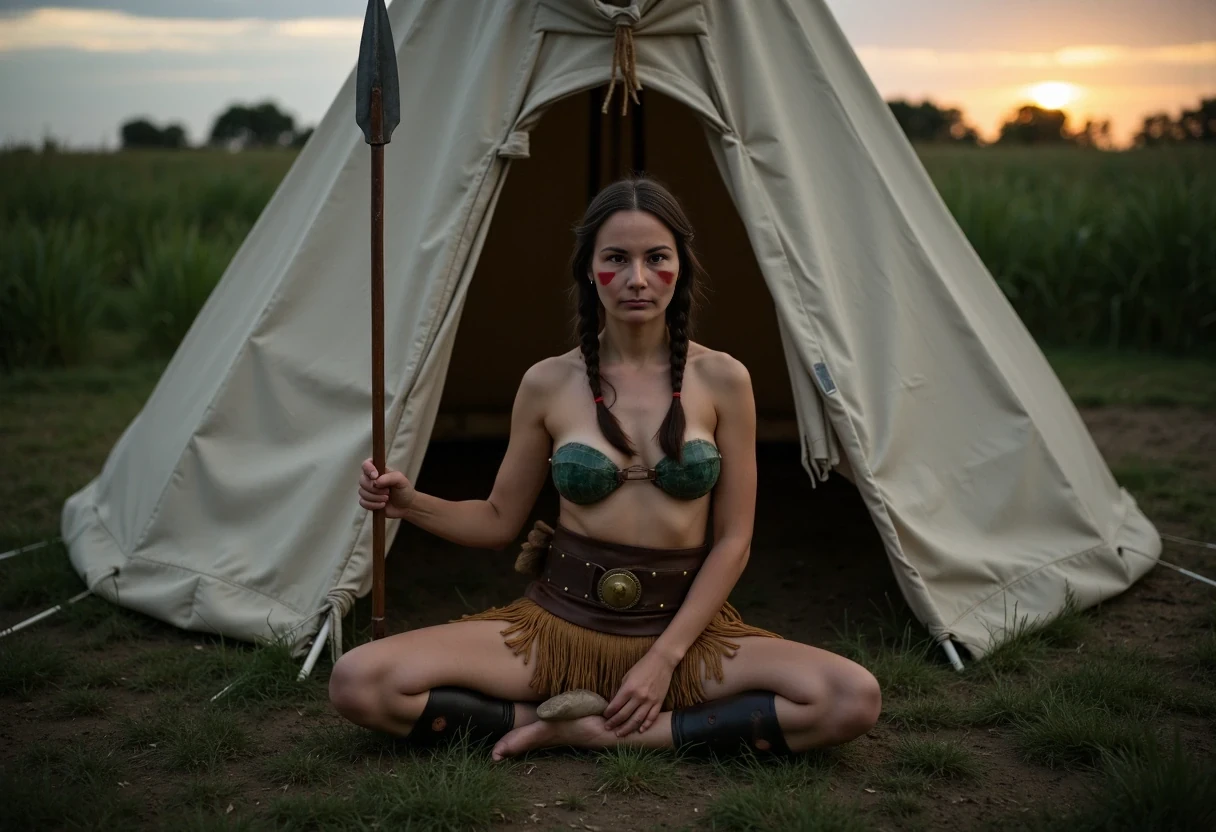 Medium shot photo of a beautiful 25-year-old with a slender athletic build. A Native American woman warrior with small petite almost flat breasts, wearing native American Regalia, posing stoically in front of a round native American plains style tipi. The tipi is a large tipi, large enough for a small family. Set under dim natural sunrise light. The sun has barely begun to peek over the horizon. The image has a dull color palette, with the greenery of the ground around the tipi being dark green and browns cast with shadows and dull gray sky meets the sunrise on the horizon enhancing the moody atmosphere. The woman, who is Native American in appearance, has a slim athletic build and petite tiny almost flat breasts. She is wearing a top that  consists of two real turtle shells in a dark green palette, a turtle shell fitted over each breast and strung together to turn them both into a bra. They look rigid and tough like snapping turtle shells. They are real turtle shells. A smoked hide leather panties that are smoked golden brown in color. She is wearing heavy leather vambraces on her forearms that go all  the way up to below her elbow and leather wraps around her shins that go all the way up to below her knees. She is wearing a dark brown, thick, wide, leather kidney belt with circle brass plates as wide as the belt riveted around it's exterior from which a short fringe breechcloth is fitted to. The fringe is widely spaced, it is a golden smoked hide brown color. It drapes loosely overtop of her panties and down to just below her panties in length. It is widely spaced fringed you can still see her entire turtle shell bra and leather panties. She is wearing ankle height smoked hide moccasins on her feet. Her hair is Native American styled with 2 long braids. She is a fierce sight, a confident capable warrior. She weilds a long steel spear in her right hand with a small spear tip and a long shaft which is where her hand is gripped. There is a bundle of arrows in a smoked hide quiver on her back. She sits on the ground in front of the tipi with her legs spread apart towards the camera. You can see you can see her panties under her long fringe breechcloth. The woman is looking directly at the camera stoically without any other expression. She has red warpaint streaked in one straight line along her cheekbones. There is no explicit nudity visible. Cinematic shooting style. Romantic setting.