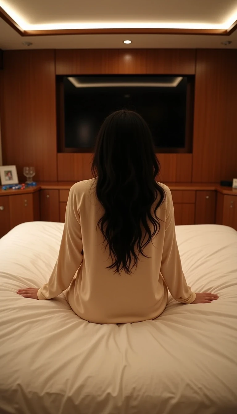 CSTMLD Ultra-realistic back view of a glamorous Instagram influencer in the master cabin of a luxury yacht at night, relaxing in a king-size bed after an evening at the Casino de Monte-Carlo. She’s wearing a silky champagne-colored pajama set, the loose top slipping slightly off one shoulder to reveal a teasing glimpse of her E-cup curves. Her long, messy wavy black hair is tied loosely, and she’s sitting cross-legged on the bed, facing a large flat-screen TV mounted on the opposite wall. The warm ambient lighting of the cabin reflects softly off the polished wood panels, while on the nightstand, a crystal glass of water and a few scattered poker chips remain from the glamorous night. The atmosphere is intimate, relaxed, and luxurious — 8K cinematic Instagram aesthetic, cozy yet sensual yacht lifestyle vibe.
